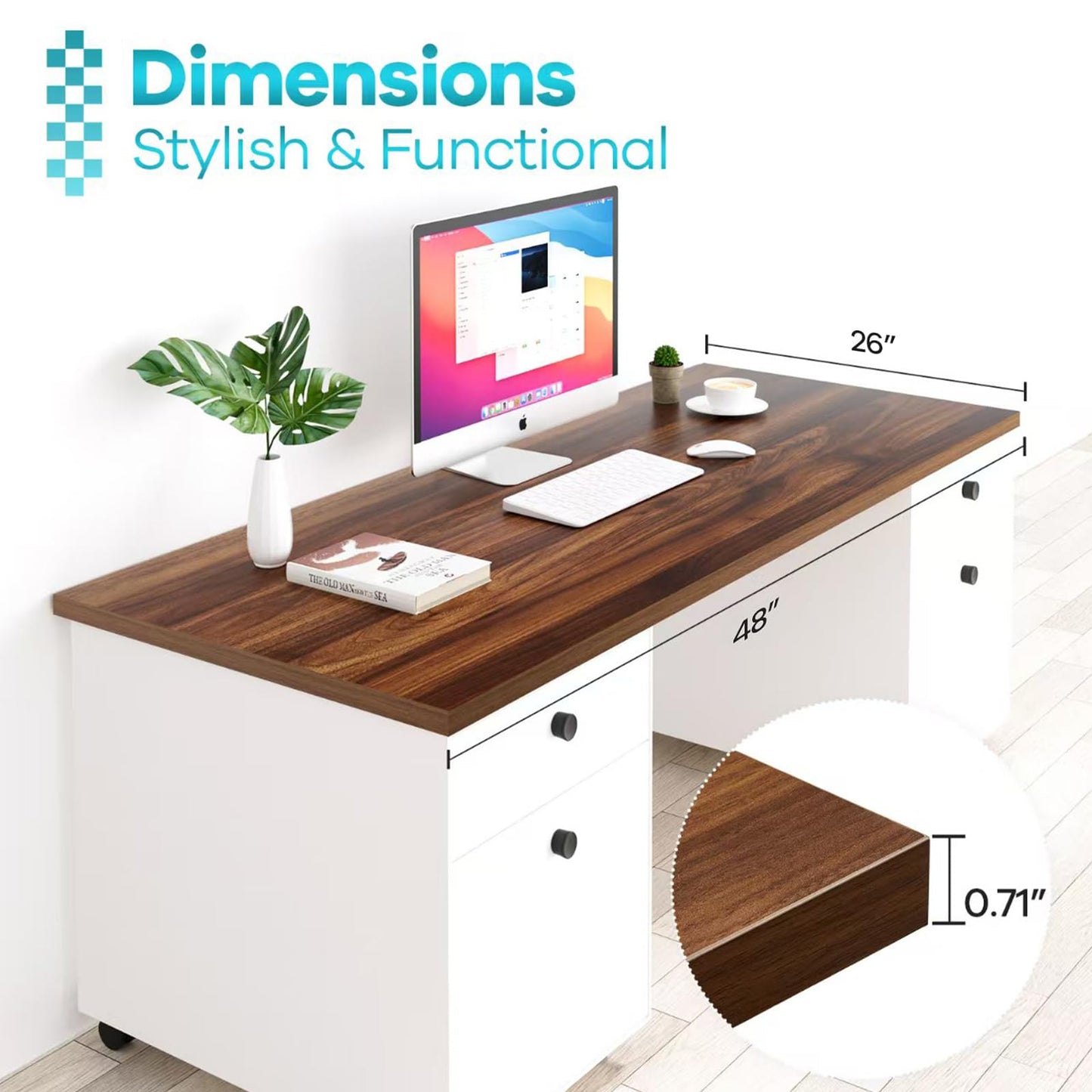 Kaboon Universal Tabletop 48"x26", Solid One-Piece Melamine Table Top, Double Desk L-Desk DIY, Home and Office,Dark Walnut