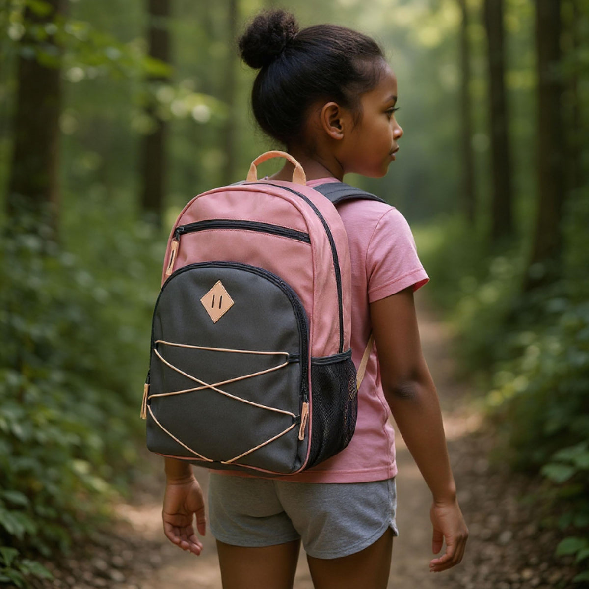 Summit Ridge Boys and Girls School Backpacks with Bungee Cord Front | 17” Multi Pocket Backpack for Kids, Teens, Adults, Travel (Pink/Grey)