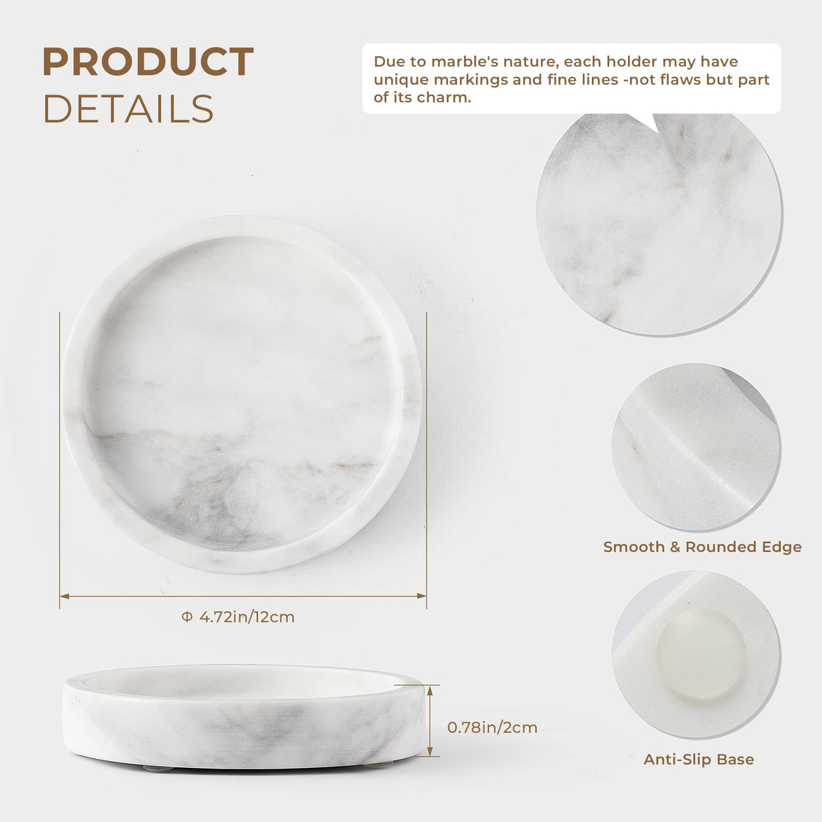 WORHE Candle Holders Italy Premium Natural Marble Candlestick Holder for Jar Pillar Candles Large Round Coaster Plate Jewelry Tray Centerpiece for Wedding Dining Table Home Decor White (ZT011)