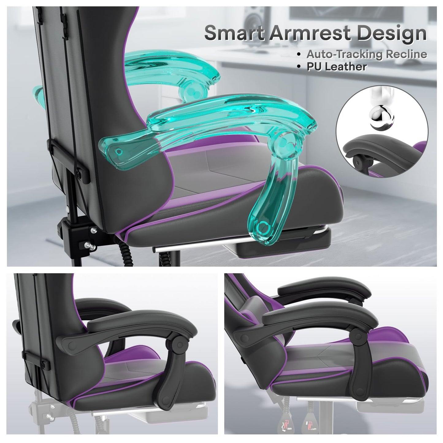 Athena Collection Gaming Chair, Ergonomic Gaming Chair with Footrest & Headrest Lumbar Support, Height Adjustable Swivel Computer Chair Office Chair for Adults(Purple)