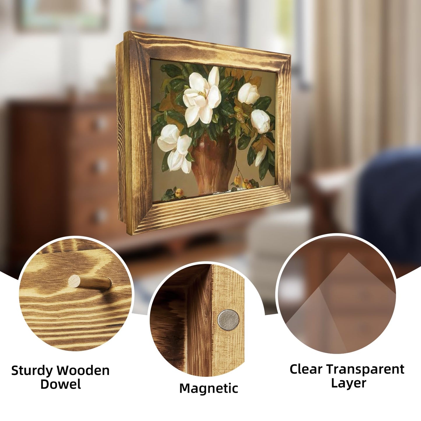 Dononr Hidden Gun Storage, Hidden Gun Safe for Pistols with Magnetic, Wooden Picture Frames for Handgun, Hidden Storage Gun Safe Home Furniture, Concealment Furniture Picture Frame Box, Rustic