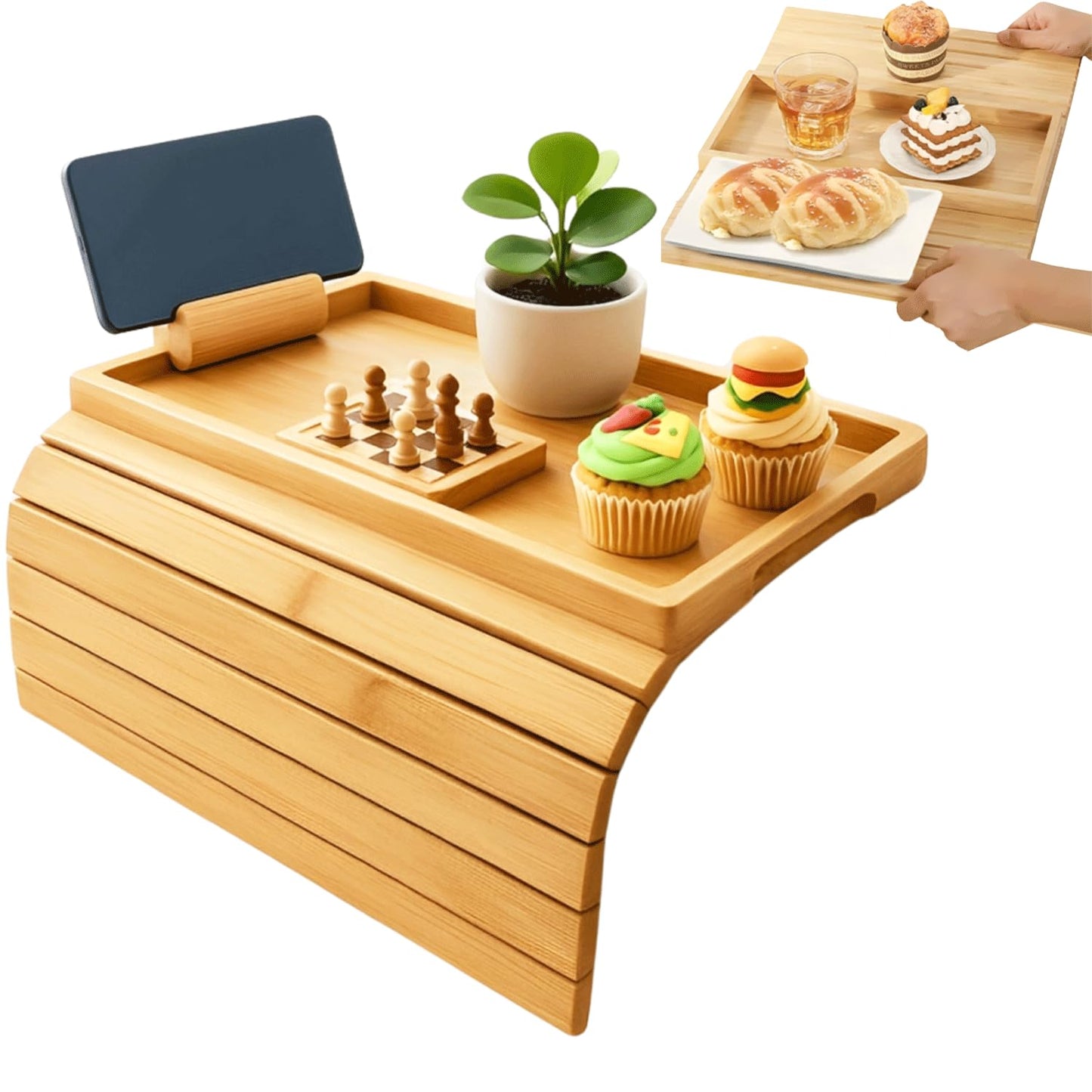 Four Flowers Foldable Bamboo Couch Arm Tray with Detachable Couch Cup Holder– Sofa Armrest Table for Remote, Snacks, Phone – Portable Armrest Caddy Tray for Sofa, Recliner, or Armchair