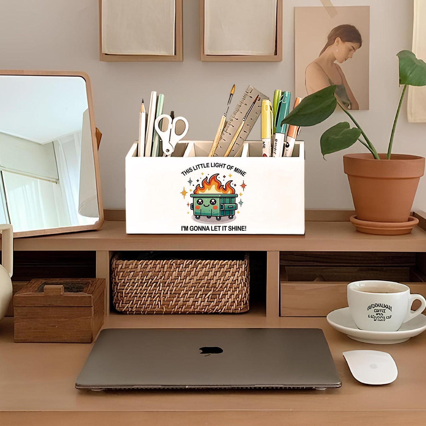 LIANGW Funny Dumpster Fire Pen Pencil Holder for Desk, Coworker Gifts for Women Men, Dumpster Fire Gifts, This Little Light of Mine Wooden Box Sign Decorations for Office Workplace Desk Tabletop