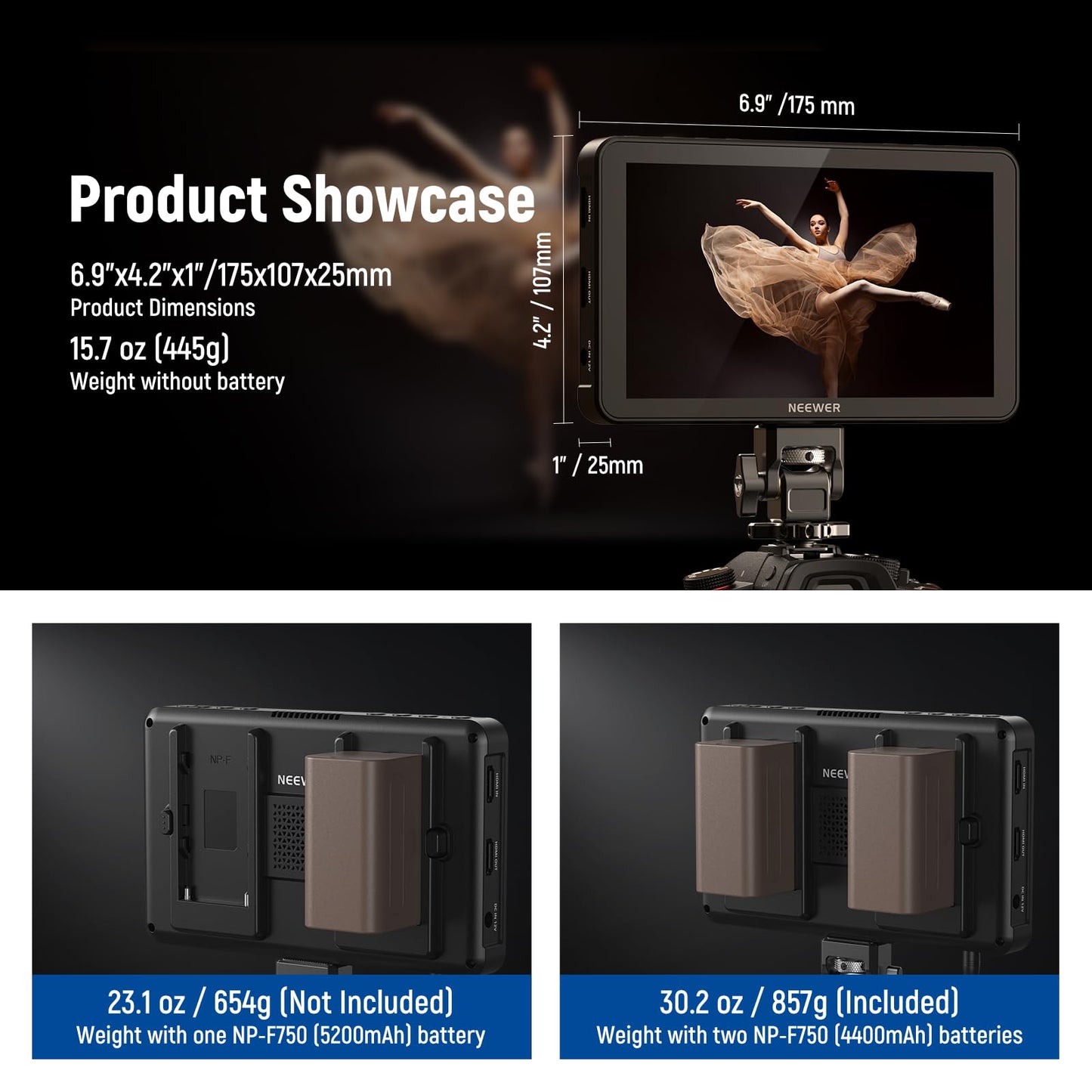 NEEWER F700 7" Camera Field Monitor, 2000nit HD 1920x1080 IPS Touch Screen with 3D LUT, 4K HDMI Loop in/Out with Peak Focus DSLR Video Assist HDR Waveform, Cold Shoe Mount, 2 NP-F750 Batteries & Cable
