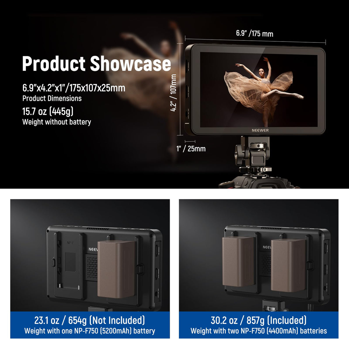 NEEWER F700 7" Camera Field Monitor, 2000nit HD 1920x1080 IPS Touch Screen 3D LUT, 4K HDMI Loop in/Out Peak Focus DSLR Video Assist HDR Waveform, Cold Shoe Mount, 2 NP-F750 Batteries, Cleaning Cloth