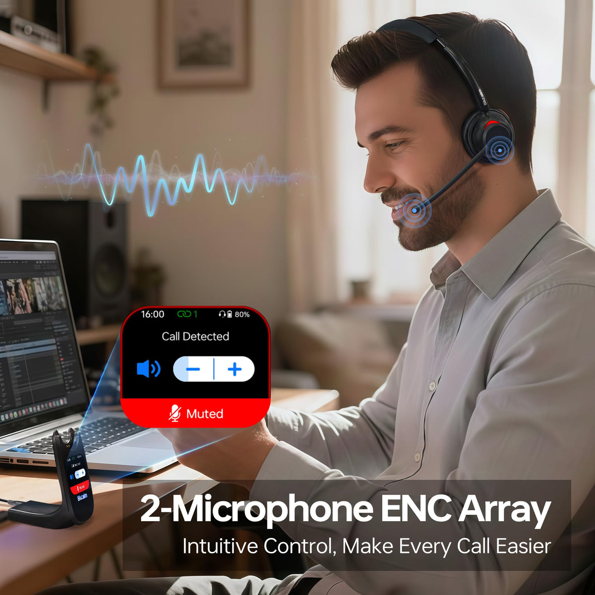 Blucalm Wireless Headset with Mic for Work - V5.4 Headset with Noise Canceling, PC Headphones with Mic Mute & USB Dongle, Smart Dock with Touch Screen for Work from Home, Teams, Zoom