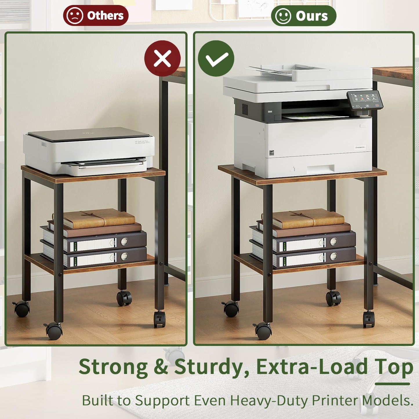 YQ JENMW 2 Tier Printer Stand with Storage, Under Desk Printer Table, Space-Saving Printer Table with Locking Wheels, Rolling Printer Cart for Home Office, Rustic Brown