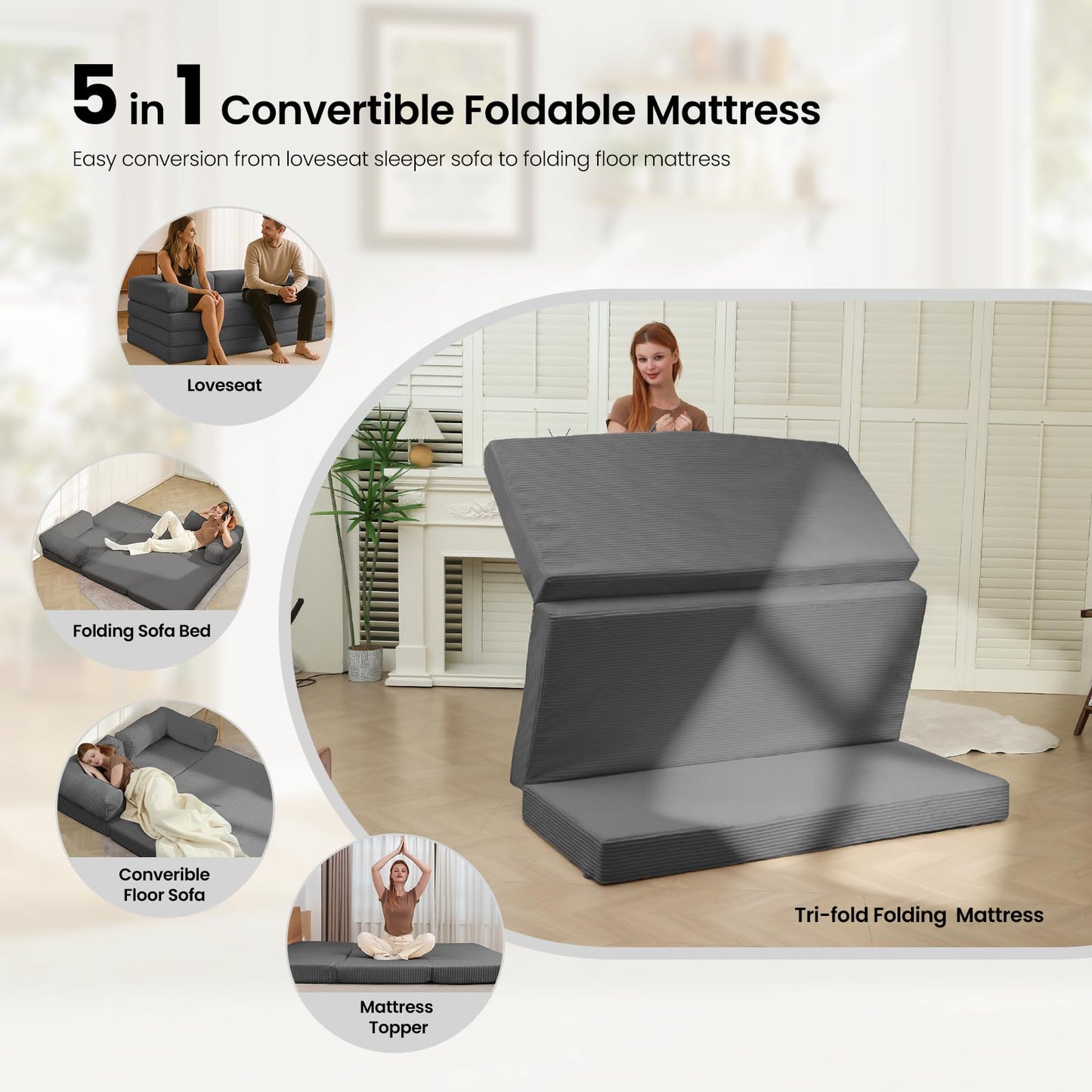AOLVDOW Tri-Fold Foldable Mattress, Convertible Folding Sofa Bed with Removable Arms & Washable Cover, All-in-One Portable Mattress Floor Sofa Bed, No Assembly Required & Non-Slip, Queen Size, Grey