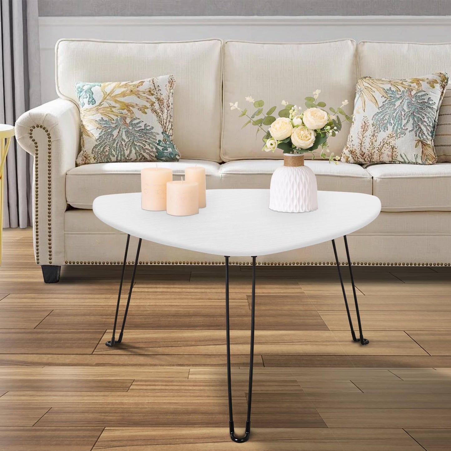 Coffee Table for Small Spaces White Folding Wooden Triangle Center Sofa Tables Simple Design Droplet Coffee Table with Steel Legs Modern Accent Furniture for Living Room Home Office