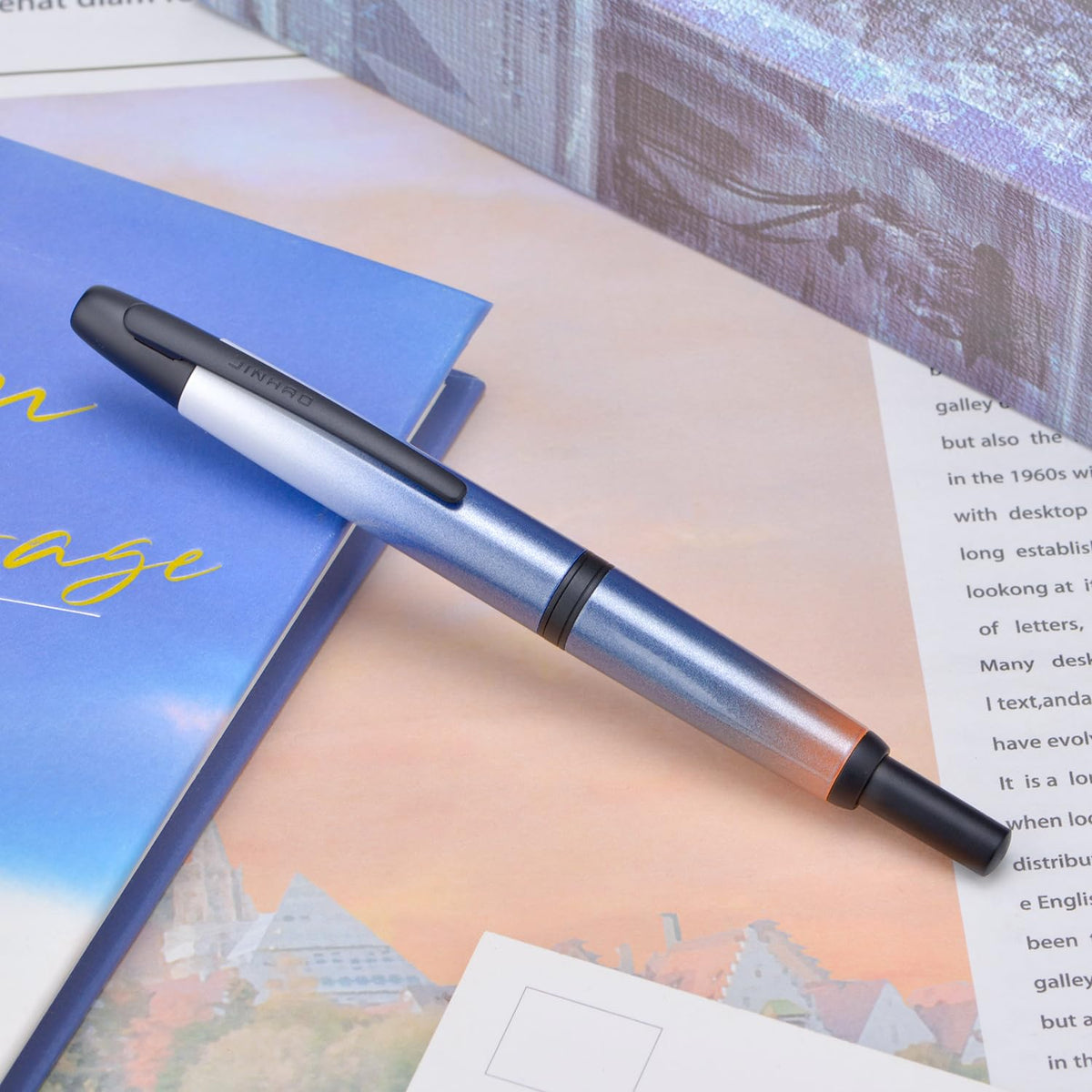 Jinhao 10 Press Fountain Pen with Box, Gradient Dark Blue Retractable Extra Fine Nib with Ink Converter Set (Black Clip)
