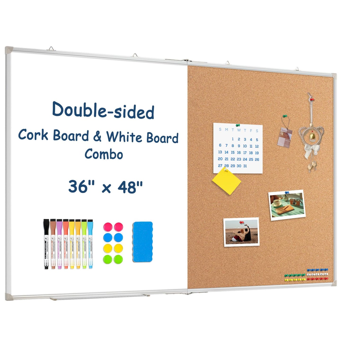 Large White Board Dry Erase Foldable Cork Board Combo, 48" x 36" Double Sided Dry Erase Board for Wall, Magnetic Whiteboard Cork Board Combination for Office, Home, School, Kitchen