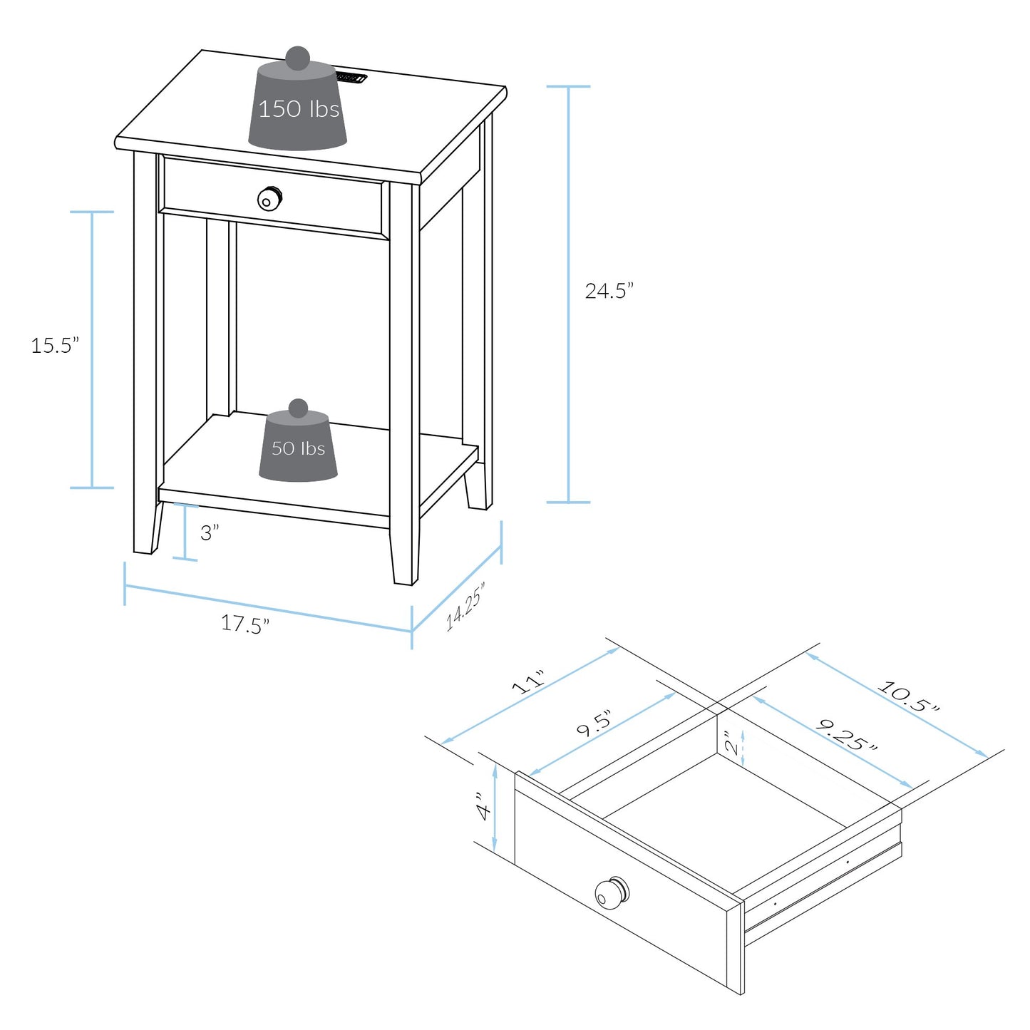 Casual Home Owl White Night Stand with USB Port , 17.5 in x 14.25 in x 24.5 in (W x L x H)