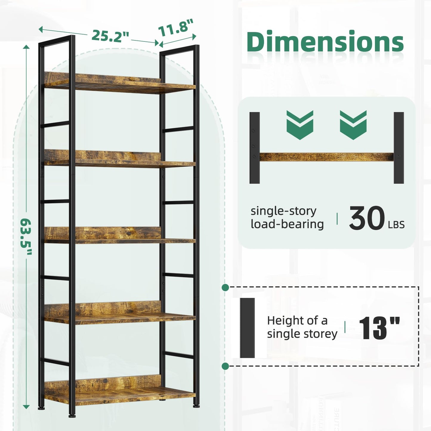 Ekisemio Bookshelf, 5 Tier Industrial Bookcase, Vertical Tall Bookshelf, Wood and Black Metal Open Shelves, Farmhouse Storage Rack for Living Room, Home Office, Bedroom, Rustic Brown