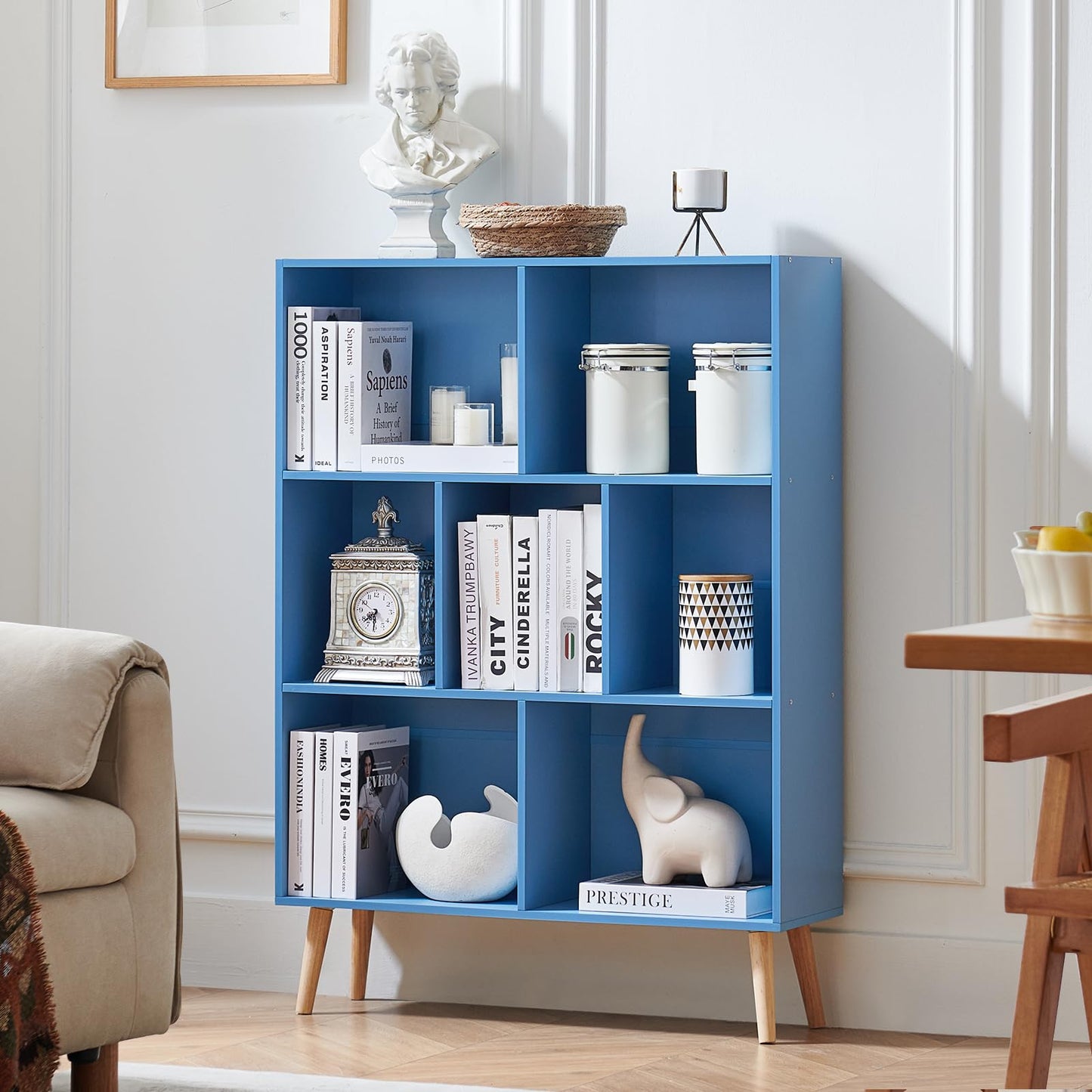 LEYAOYAO Cube Bookshelf 3 Tier Mid-Century Blue Modern Bookcase with Legs,Retro Wood Bookshelves Storage Organizer Shelf,Freestanding Open Book Shelves for Bedroom,Living Room,Office