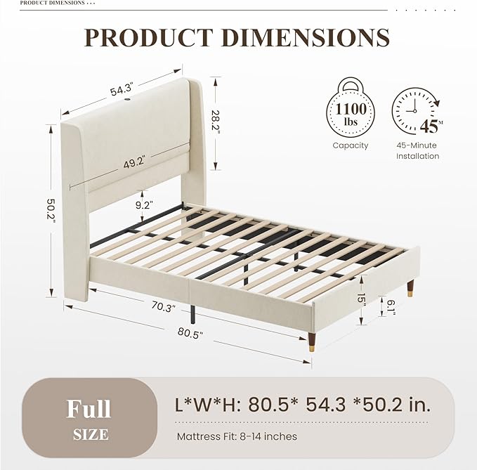 MALOL Full Size Bed Frame with Upholstered Headboard, Linen Fabric Platform Bed