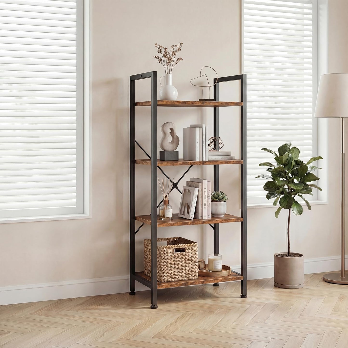 DUMOS 4-Tier Bookshelf, Modern Tall Bookcase, Open Storage Display Shelf for Living Room, Bedroom, Home Office, Narrow Standing Shelving Unit for Books, CDs, Décor，Brown