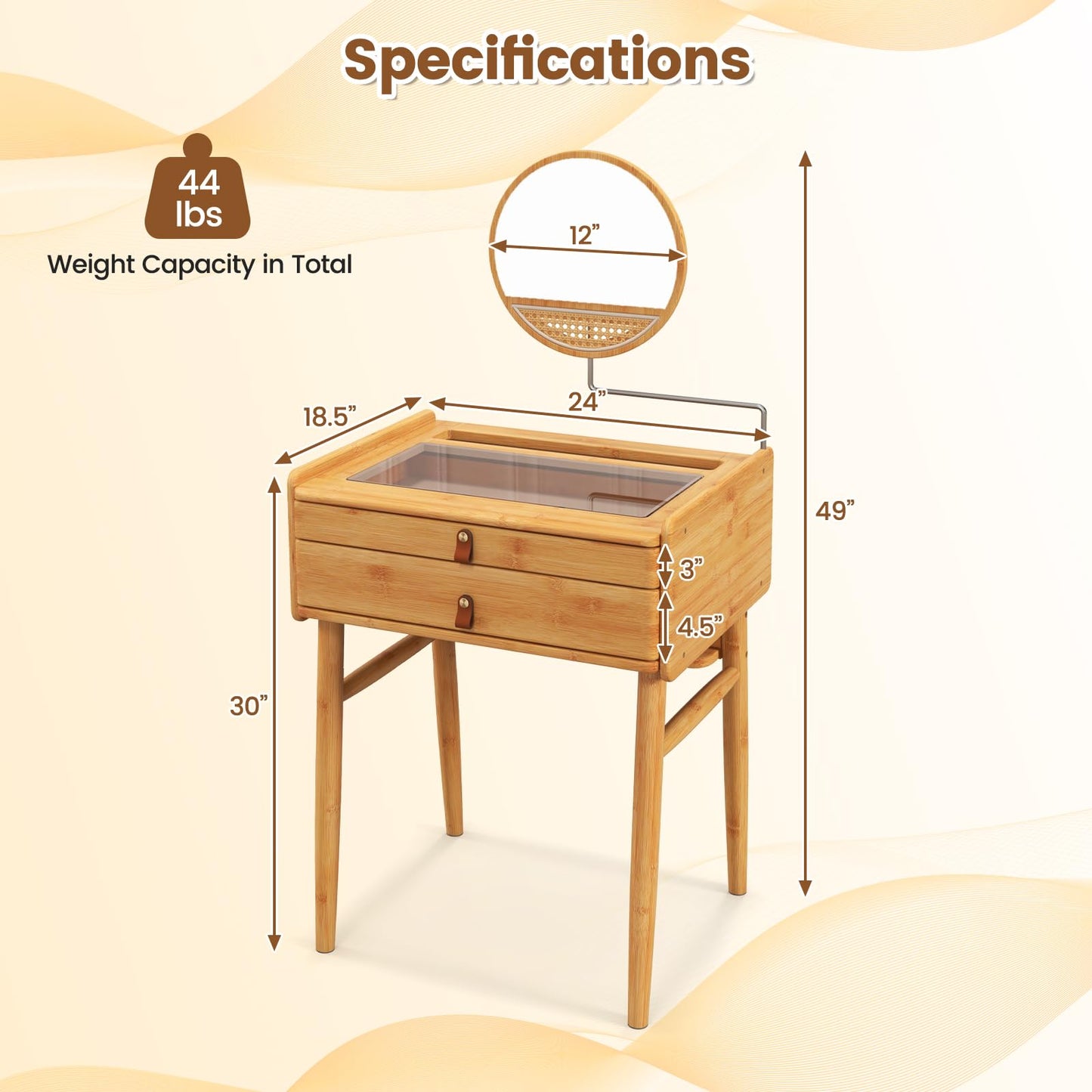 CHARMAID Makeup Vanity Table, Space-Saving Bamboo Vanity Desk with Rotating Mirror, 2 Drawers, Deep Storage Alcove, Tempered Glass Tabletop, Girls Dressing Table for Small Space Bedroom (Vanity Desk)