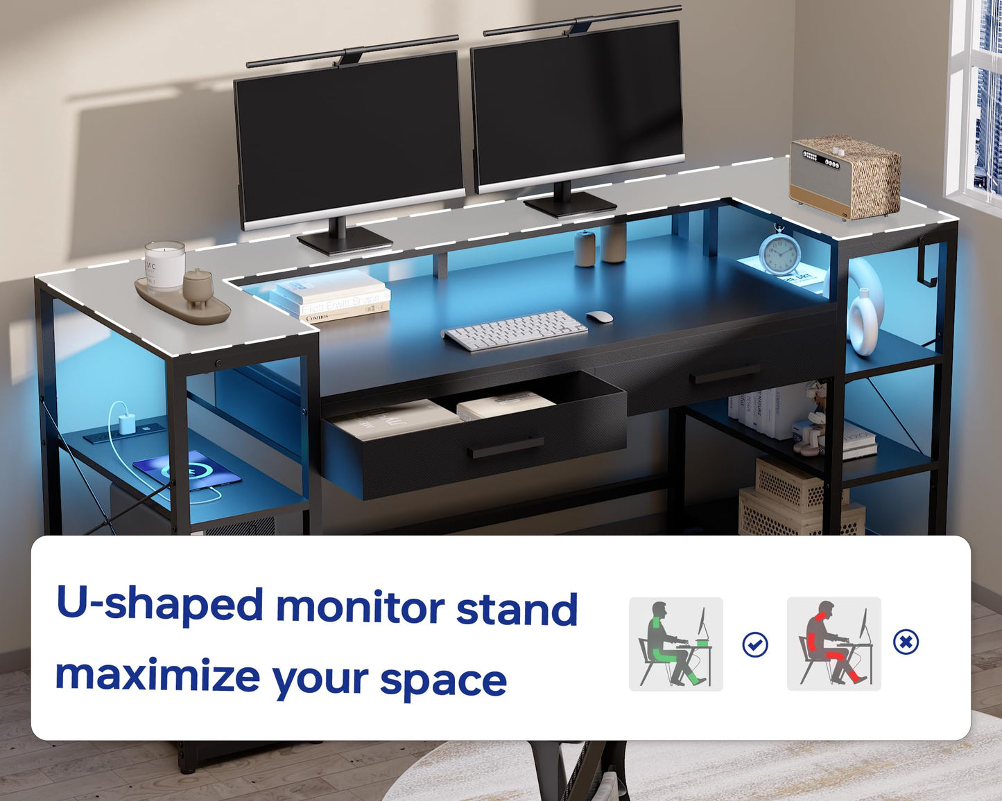 Pamray 58 Inch Computer Desk with Monitor Stand and Shelves Gaming Desk with LED Lights & Power Outlets PC Vanity Table with 2 Drawers for Home Office Grey