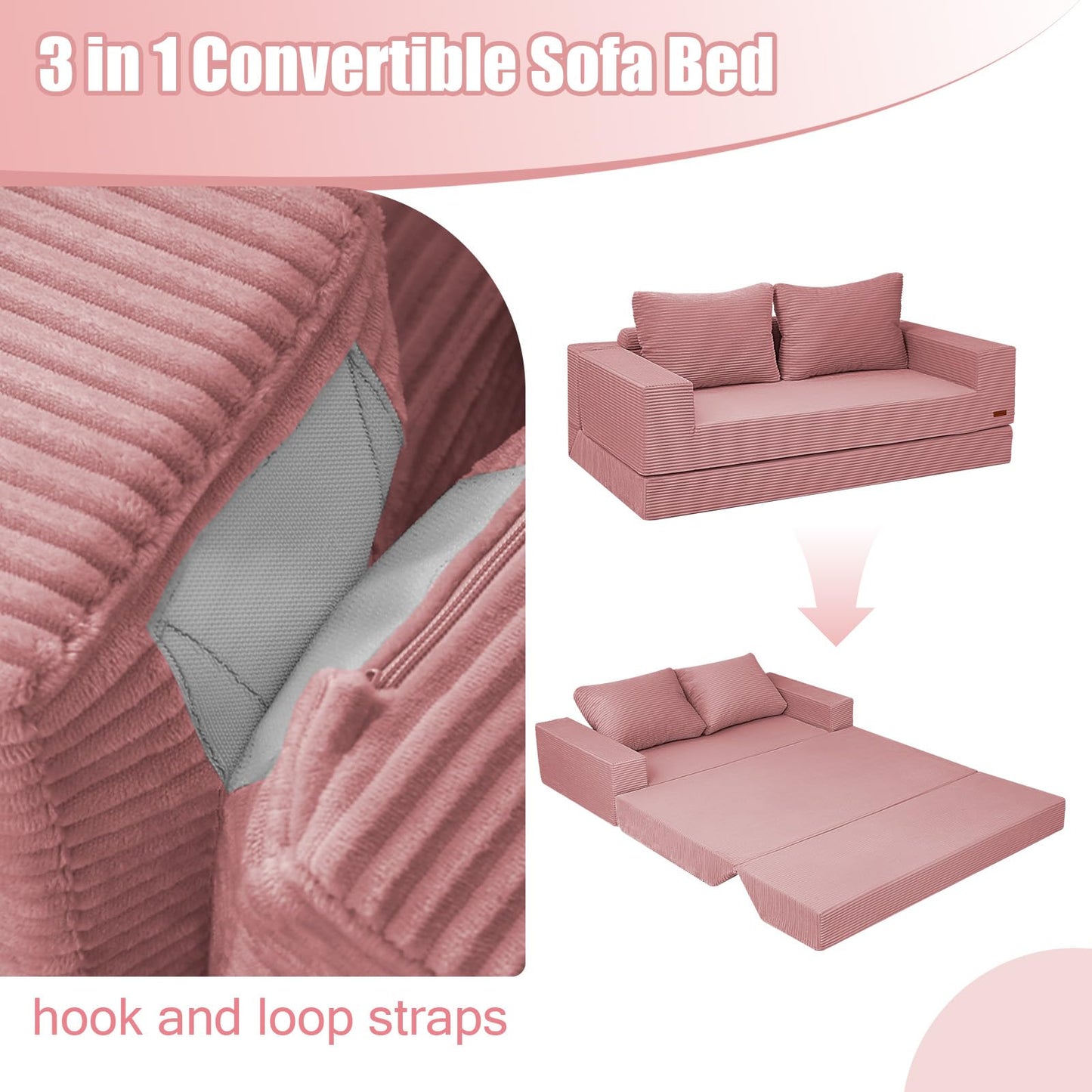 COMAX Convertible Sofa Bed Queen, Corduroy Folding Floor Couch Pull Out Couch Bed Futon Sleeper with Pillows, Fold Out Boneless Sofa Comfy Lounge Mattress Loveseat for Living Room Bedroom, Pink