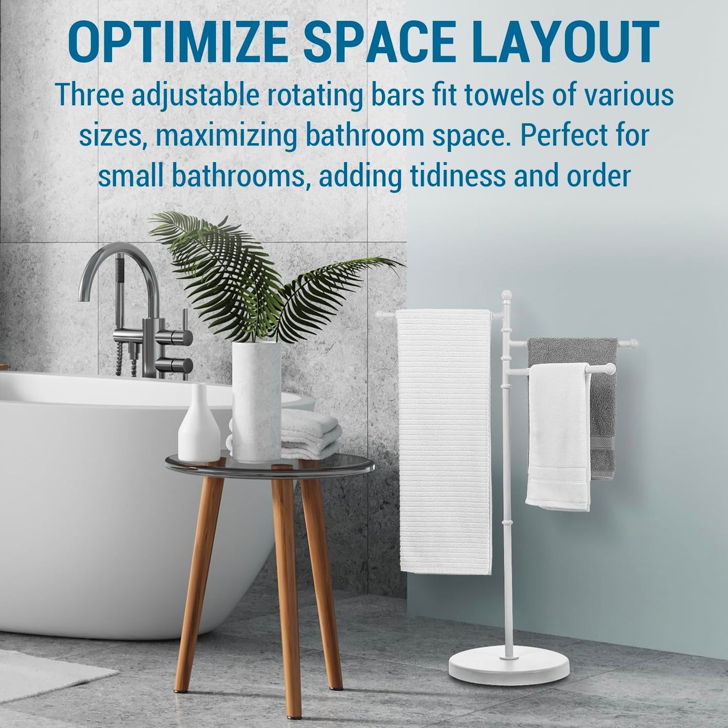 MyGift 40 Inch Bathroom Towel Rack Holder, Free Standing Bath Towel Rack with 3 Swivel Bars, Spa Pool Hot Tub Valet Accessories Stand for Drying Towels, Matte White Metal