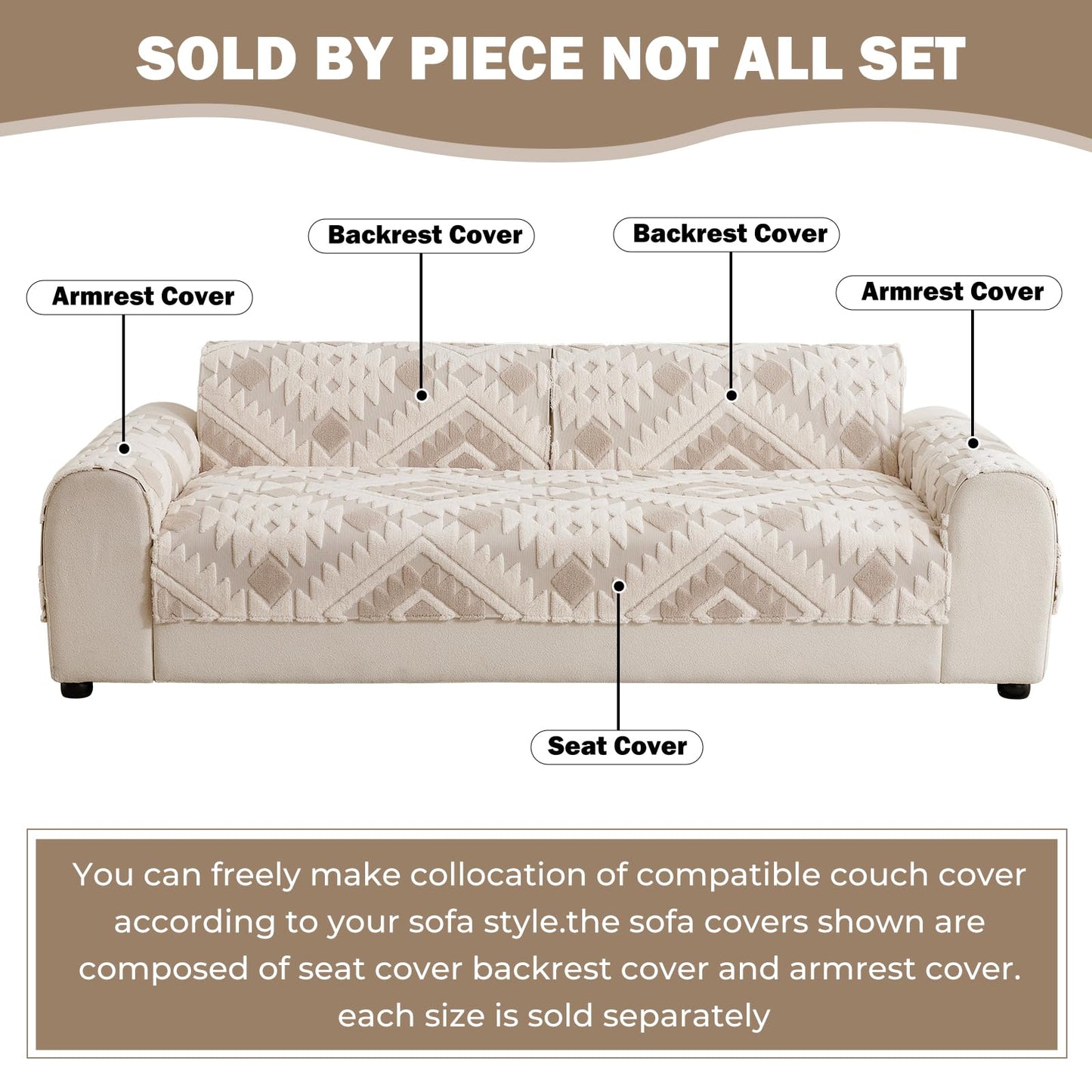 XSlive Boho Plush Couch Covers for Sofa Washable, Fuzzy Soft Couch Cover for Sectional Sofa, Non Slip Jacquard Sofa Cover Furniture Protector for Kids, Pets (Light Coffee,28"x70")