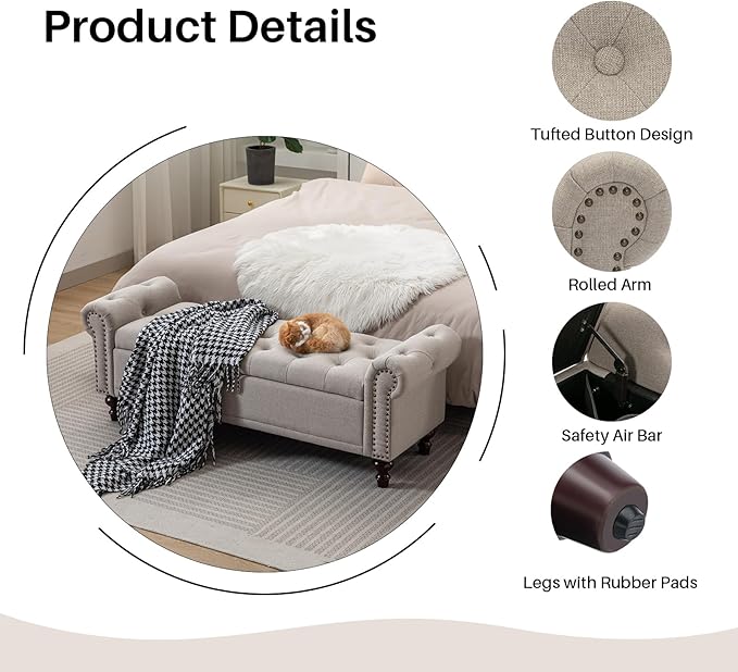 SOFTHION 58.1" Storage Bench Upholstered Linen End of Bedroom Bed Bench Ottoman