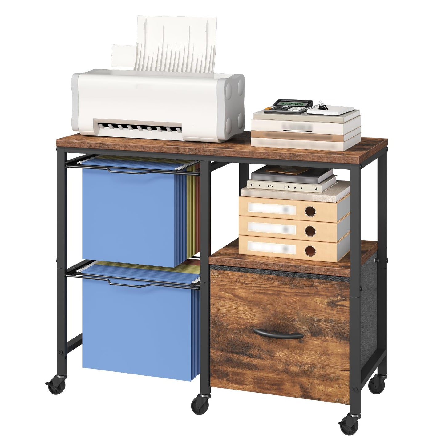 MAHANCRIS File Cart，Lateral File Organizer with Fabric Drawer & Hanging File Holders, Mobile File Organizer for Home Office, Printer Stand with Wheels & Adjustable Feet, Rustic Brown FCHR6001