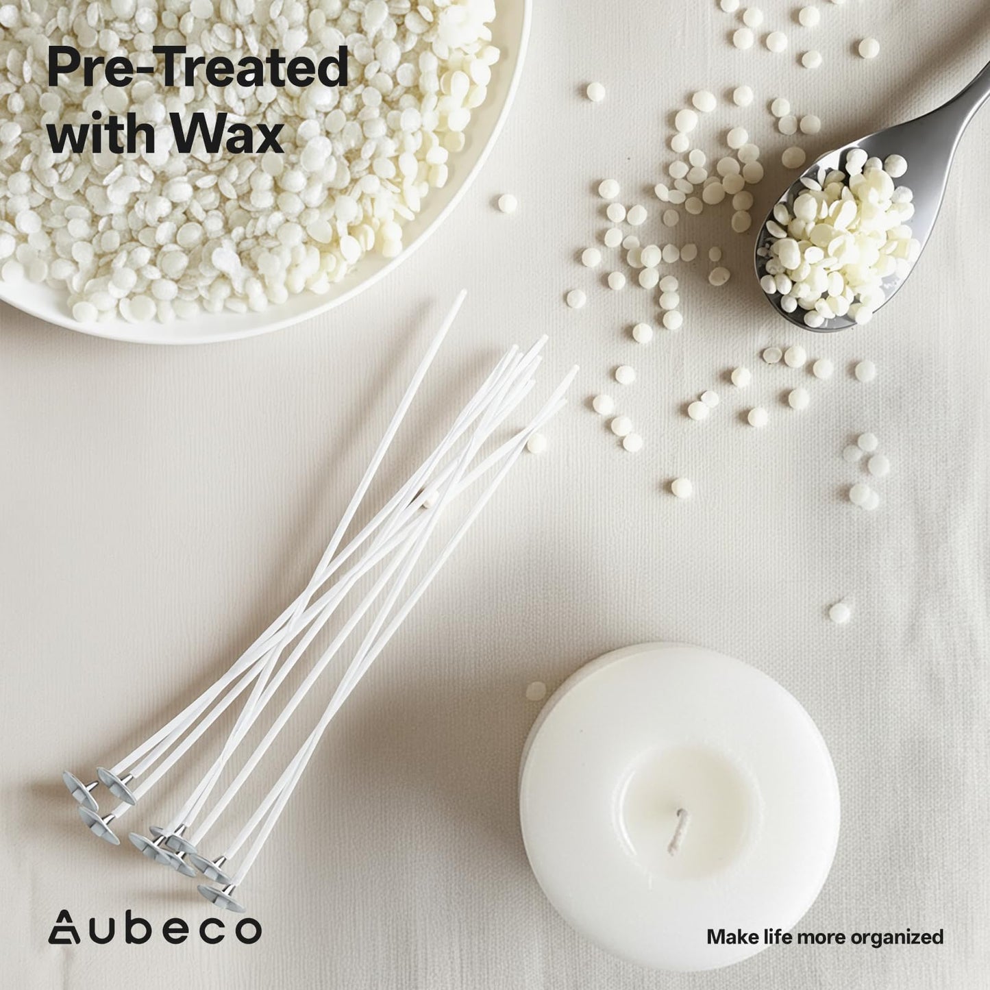 Aubeco 80 Pcs 4/6/8 inch Pre Waxed Candle Wick with 80 pcs Wick Stickers and 10Pcs Candle Wick Holders, Bulk Cotton Candle Wicks for Candle Making, Soy Wax