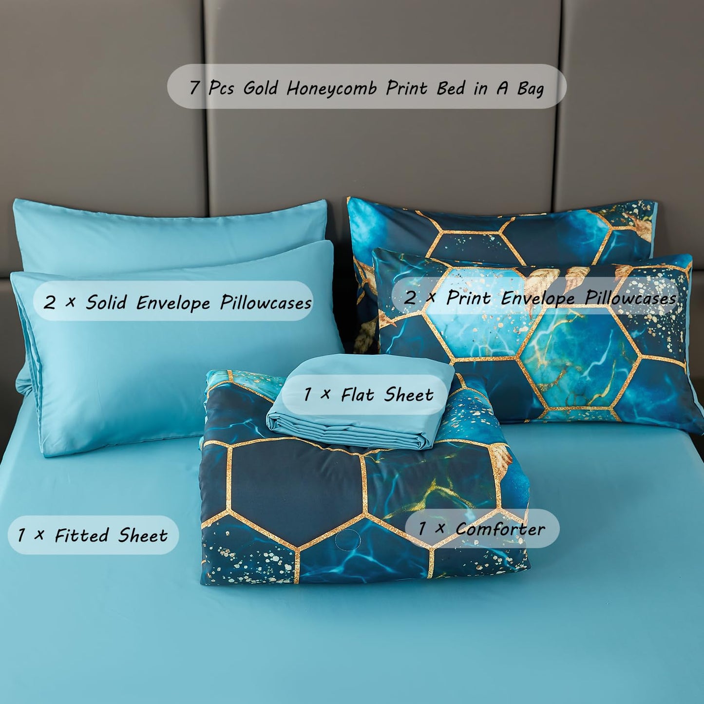 ZRNBAST Teal Bed in A Bag Queen Size 7 Pieces Geometric Bedding Set Honeycomb Queen Comforter Set with Sheets with Gold Trim Hexagon Print (Teal, Queen)