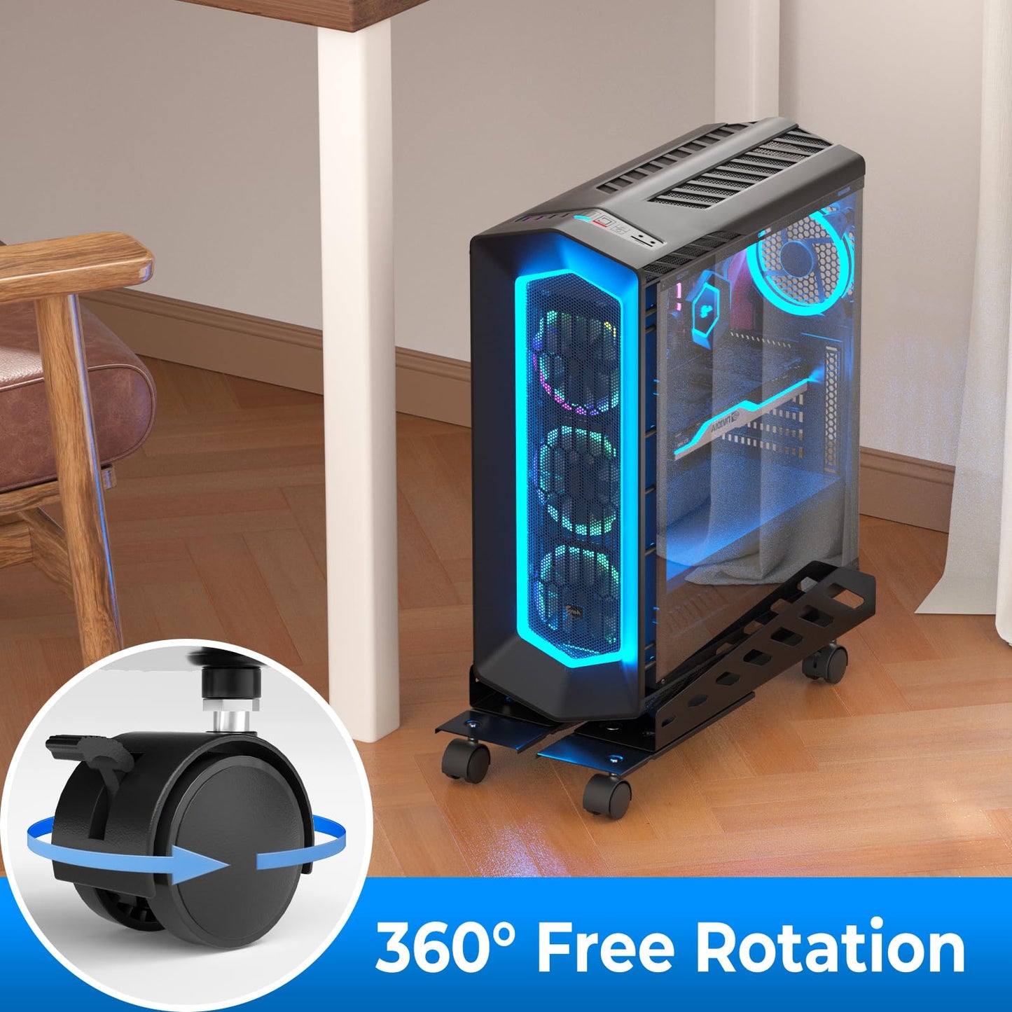 AGPTEK Adjustable CPU Stand, Steel Rolling Computer Tower Stand, Black