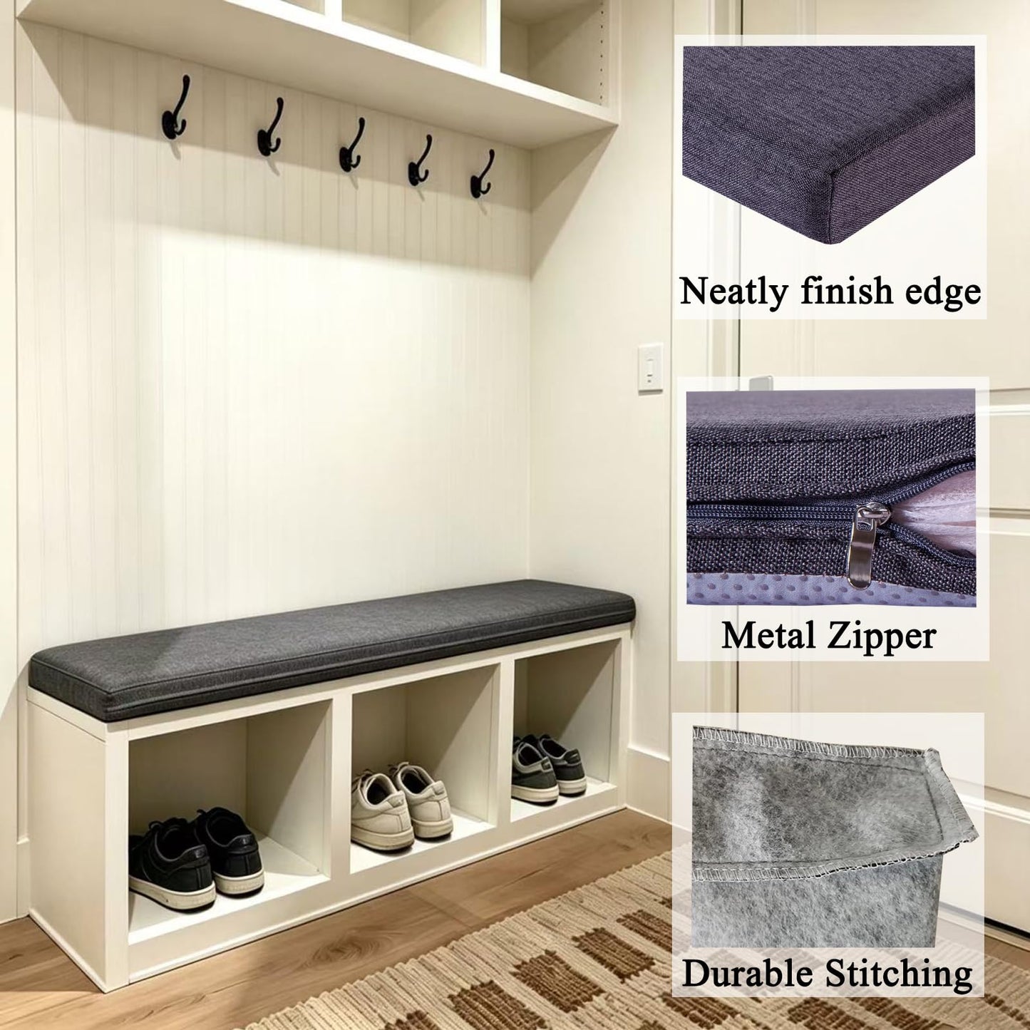 MICUSHION Piano Bench Cushion for Indoor Shoe Storage with Ties Non Slip Picnic Bench Pad for Kitchen Dining Table Seat 36 x 14 Inch, Gray