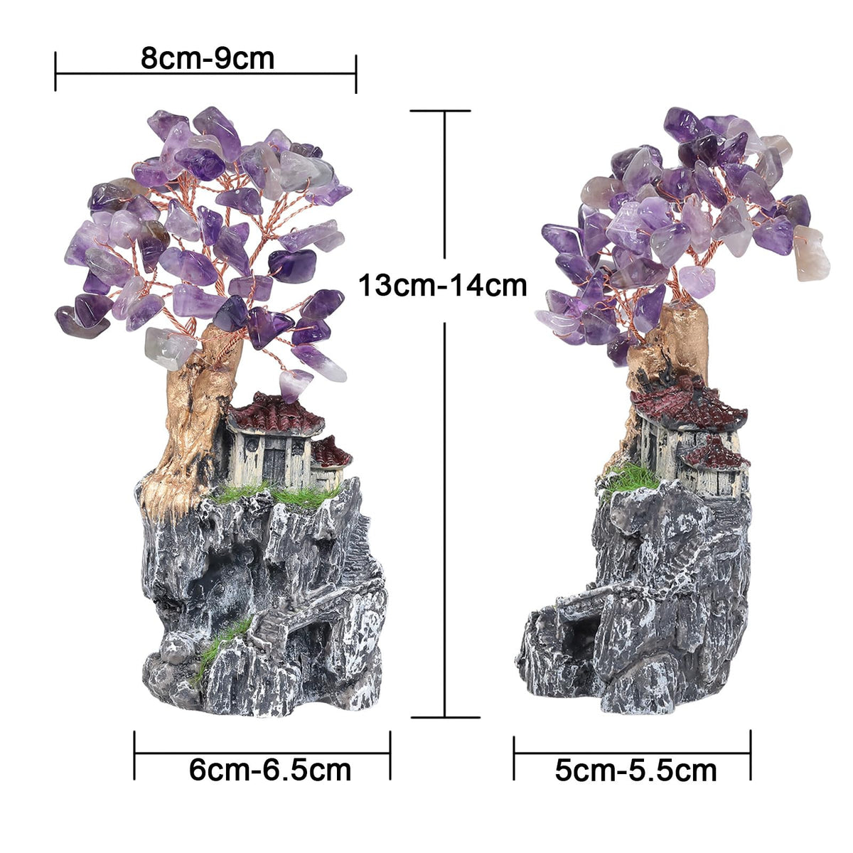 SUNYIK Resin Mountain Tree Fairy House Decor Chakra Crystal Money Tree Miniature Figurine Household Landscape Decor Indoor Garden Village, Amethyst
