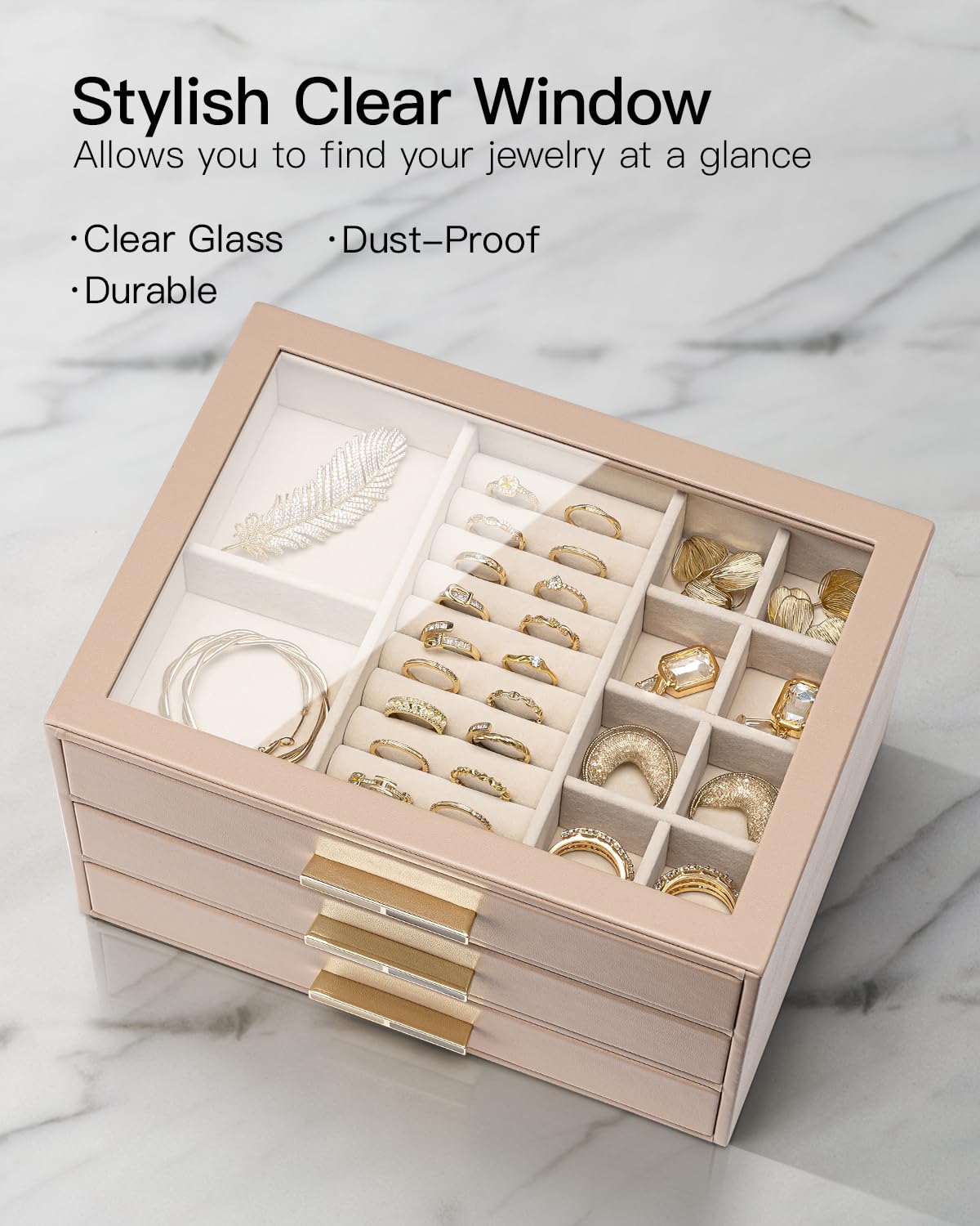 VLANDO Jewelry Box for Women, 3-Layer Jewelry Organizer with Drawers, Glass Lid Display Jewelry Storage, Soft PU Leather Exterior, Contrast Gold Metal Handles, Refined Style – Toffee