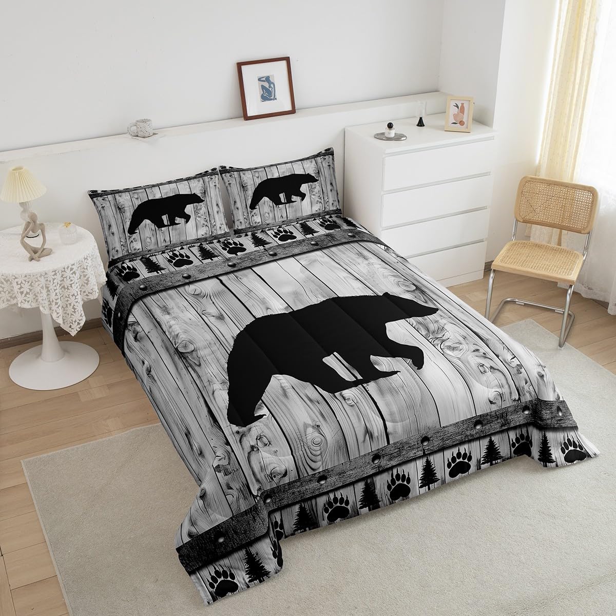 Bear Comforter Set Twin Size,Rustic Farmhouse Wood Cabin Bedding Set,Wildlife Hunting Quilt Set for Kids Boys Girls Teens Room Decor,Grey Black Pine Trees Pattern Duvet Insert,1 Pillowcase