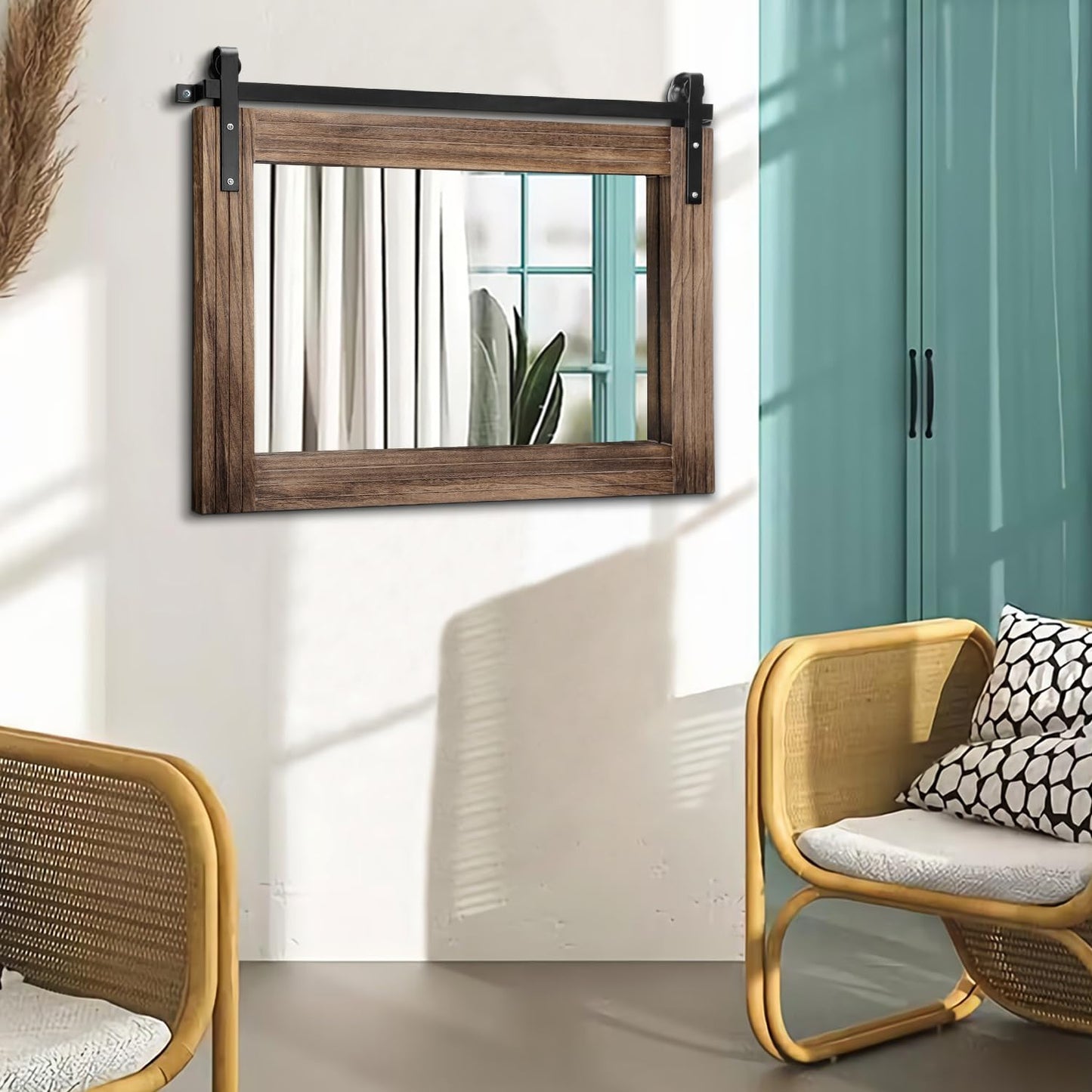 AAZZKANG Wood Mirror Rectangle Large Rustic Wall Mirror 18"x26" with Framed Bedroom Living Room Bathroom Hanging Mirror Horizontal