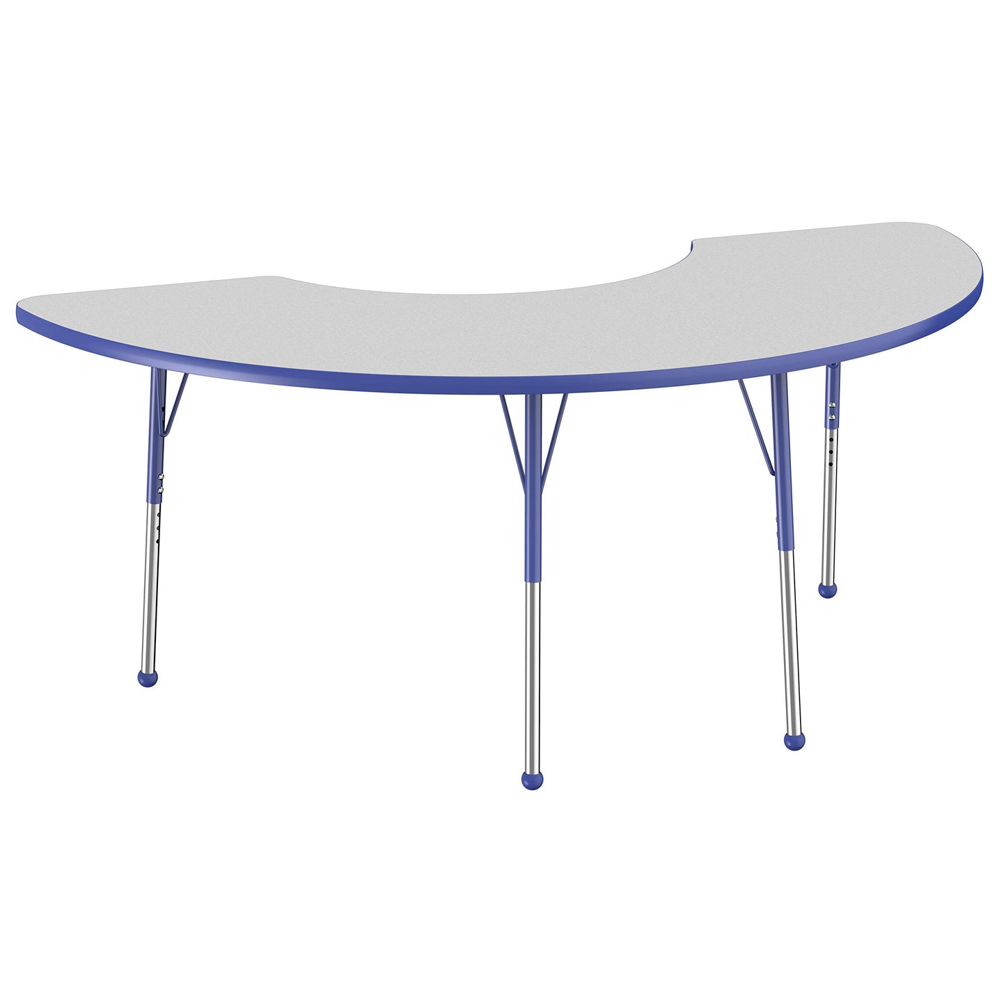 FDP Half Moon Activity School and Office Table (36 x 72 inch), Standard Legs with Ball Glides for Collaborative Seating Environments, Adjustable Height 19-30 inches - Gray Top and Blue Edge