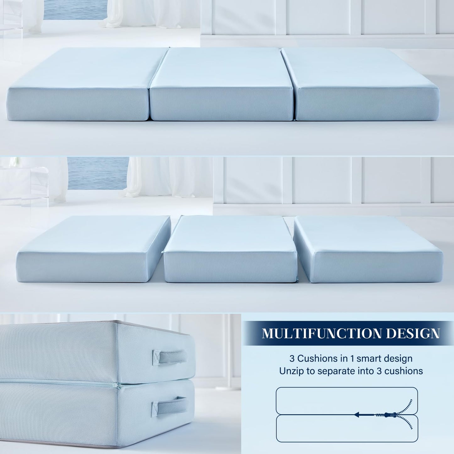 Lazyzizi Cooling Folding Mattress,6 Inch Foldable Mattress with Memory Foam Cold & Breathable Fabric Cover,Trifold Floor Guest Murphy Bed for Camping, RV, Queen