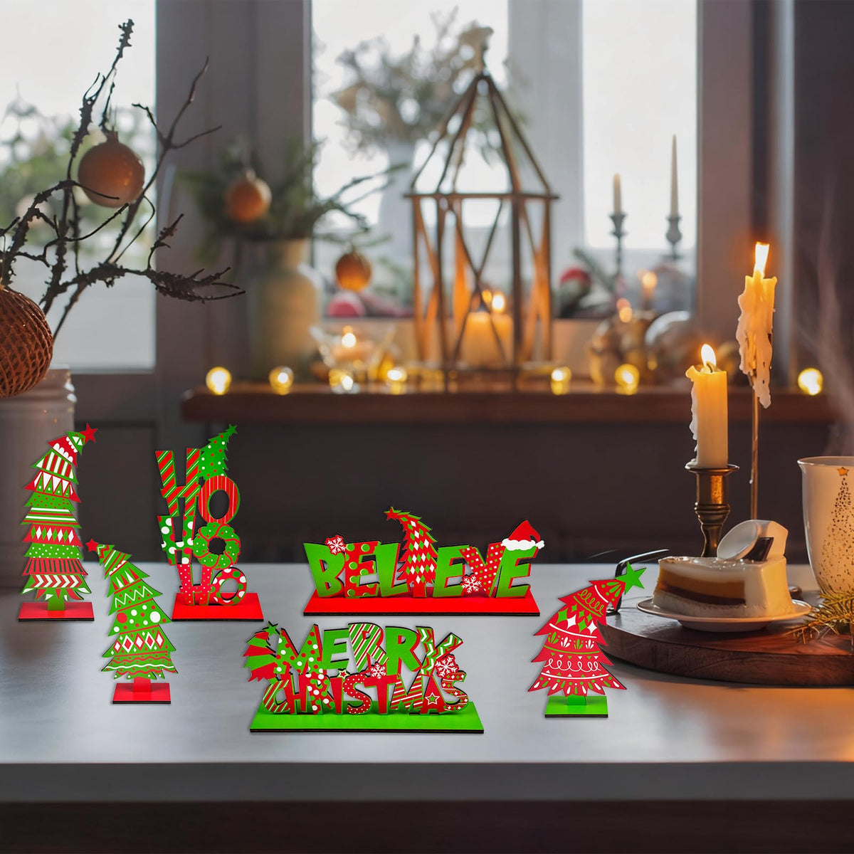 Cinrobiye 6 Pcs Christmas Table Decorations, Red Green Whoville Crooked Christmas Tree Centerpieces Farmhouse Wood Xmas Tabletop Xmas Signs for Home Mantel Fireplace Holiday Party Supplies Decor