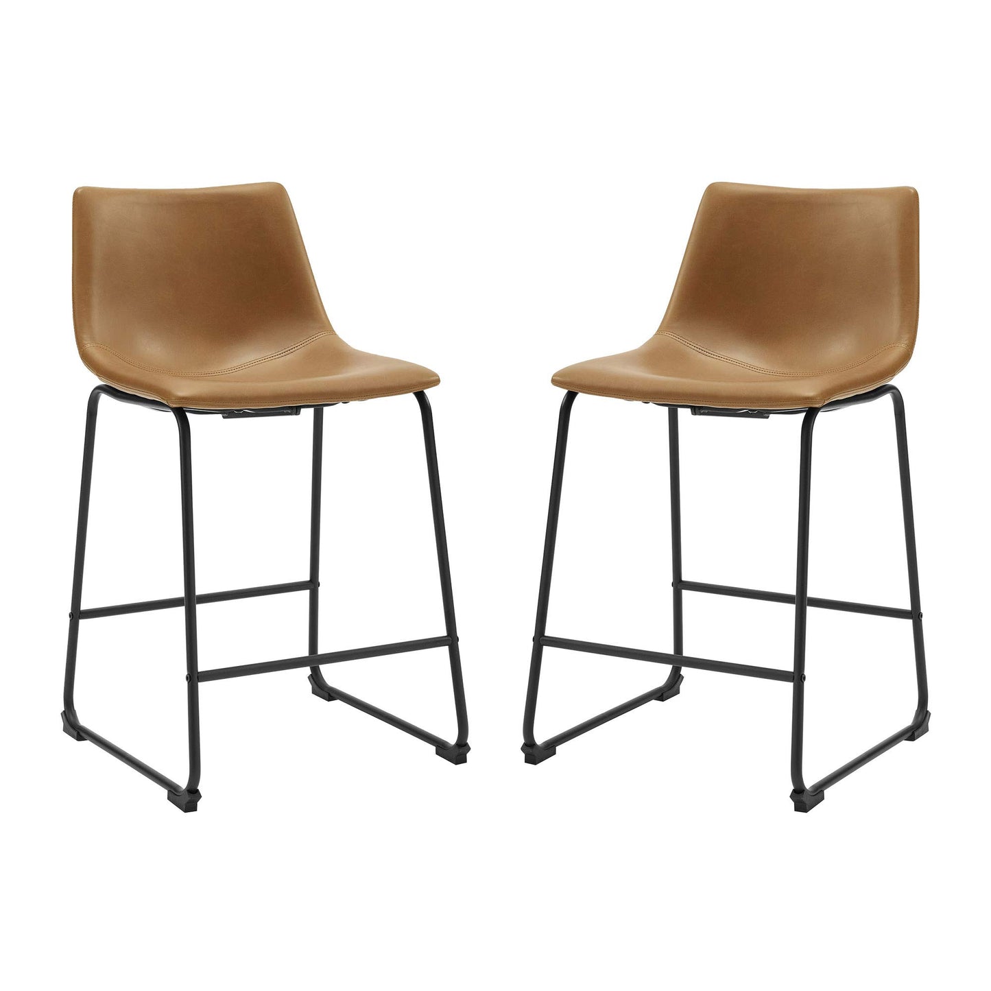 Walker Edison Douglas Urban Industrial Faux Leather Armless Counter Chairs, Set of 2, Whiskey Brown