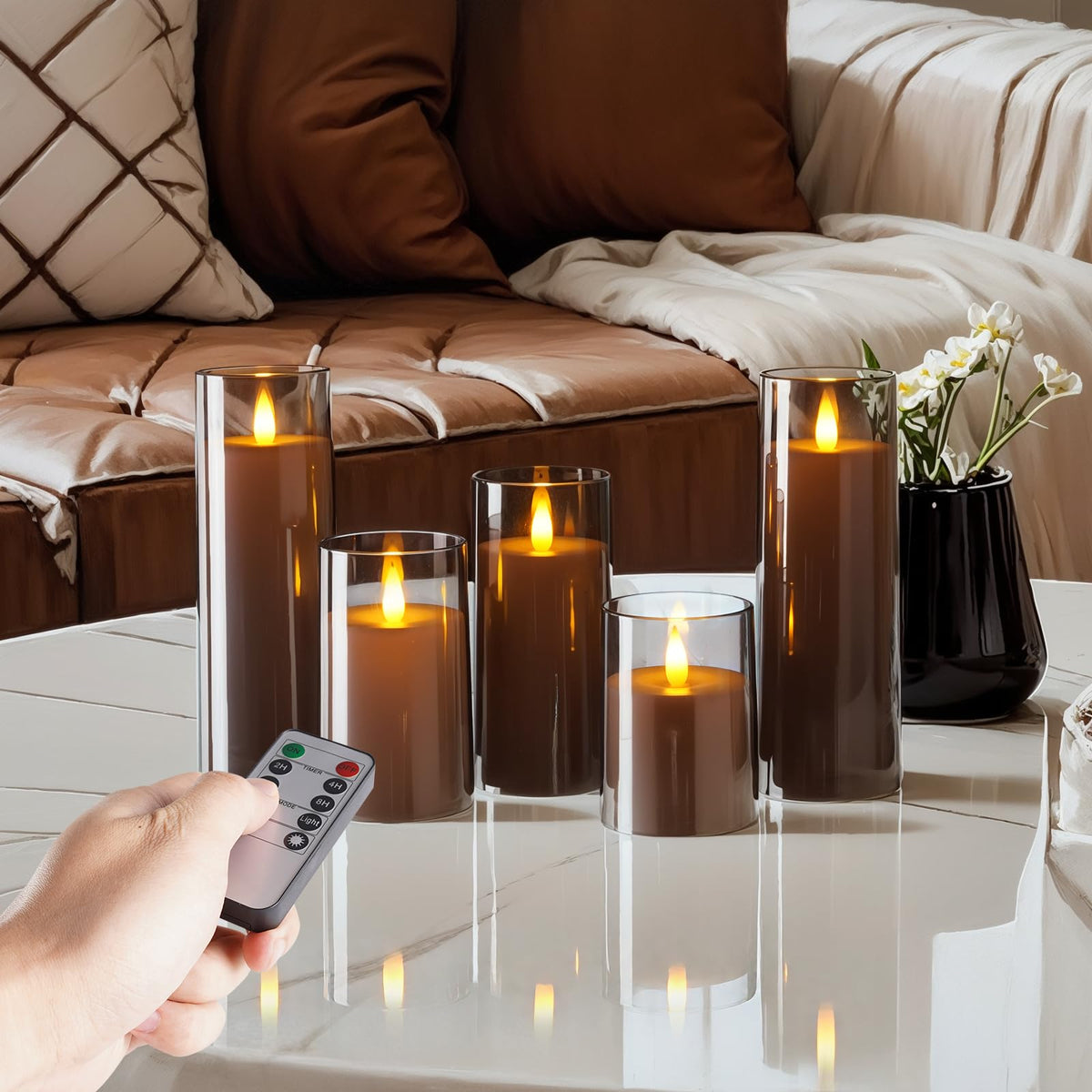 Homemory Realistic Flickering Flameless Candles, Battery Operated Candles, LED Fake Electric Candle with Remote Control and Timer for Home, Christmas Decoration, Grey, Set of 5
