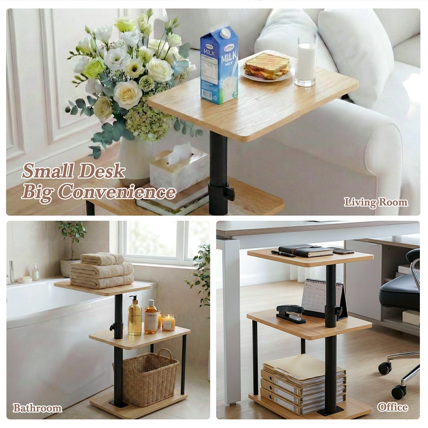 Faesun 360° Swivel Side Table for Height Adjustable, C Shaped End Table for Couch with Storage, 3-Tier Night Stand with Open Shelf, Tv Tray for Small Spaces, Living Room, Bedroom, Oak