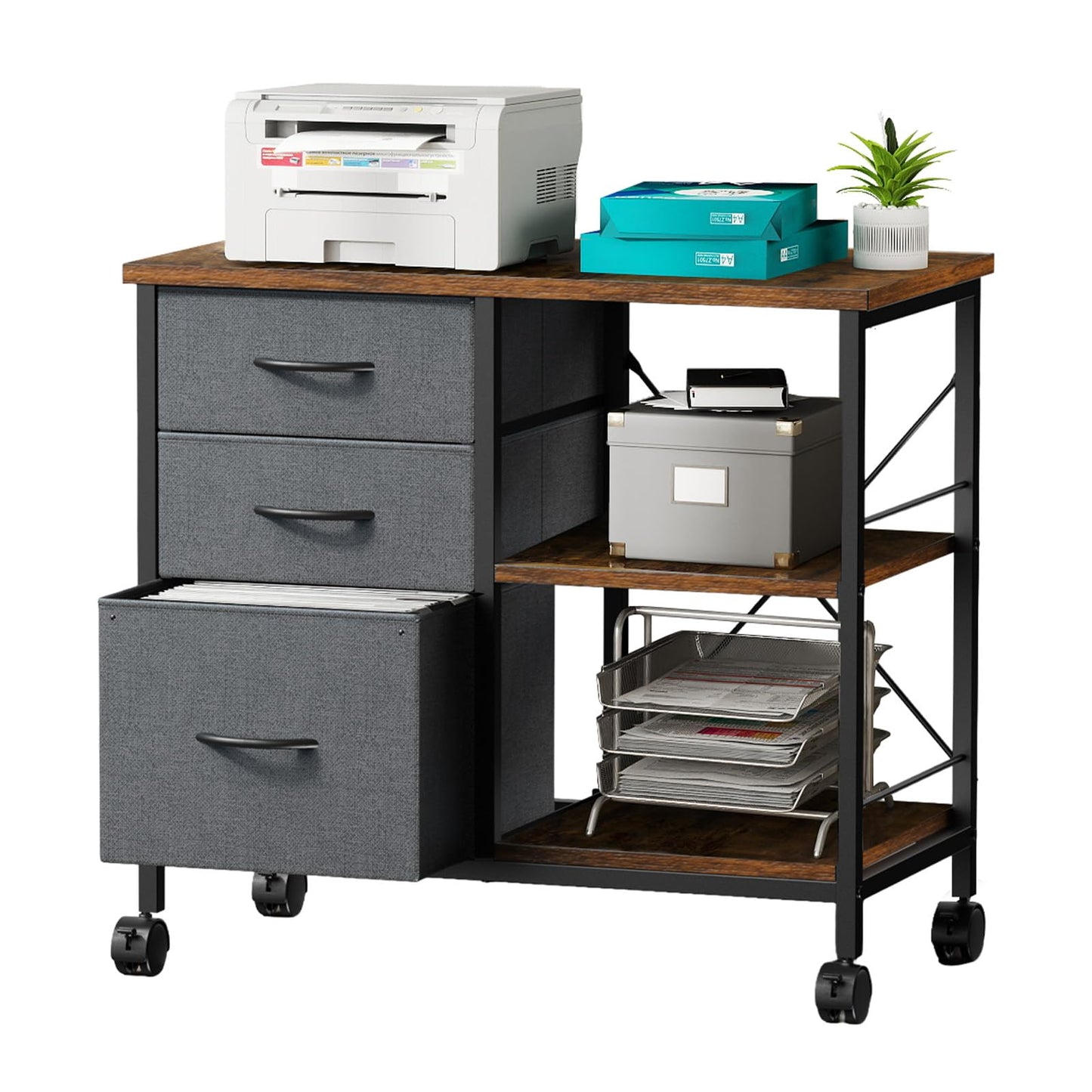 DUMOS 3 Drawer Mobile File Cabinet, Freestanding Fabric Lateral Filing Cabinet Fits A4/Letter Size, Space Saving Rolling Printer Stand with X-Frame and Open Storage Shelf for Home Office, Grey