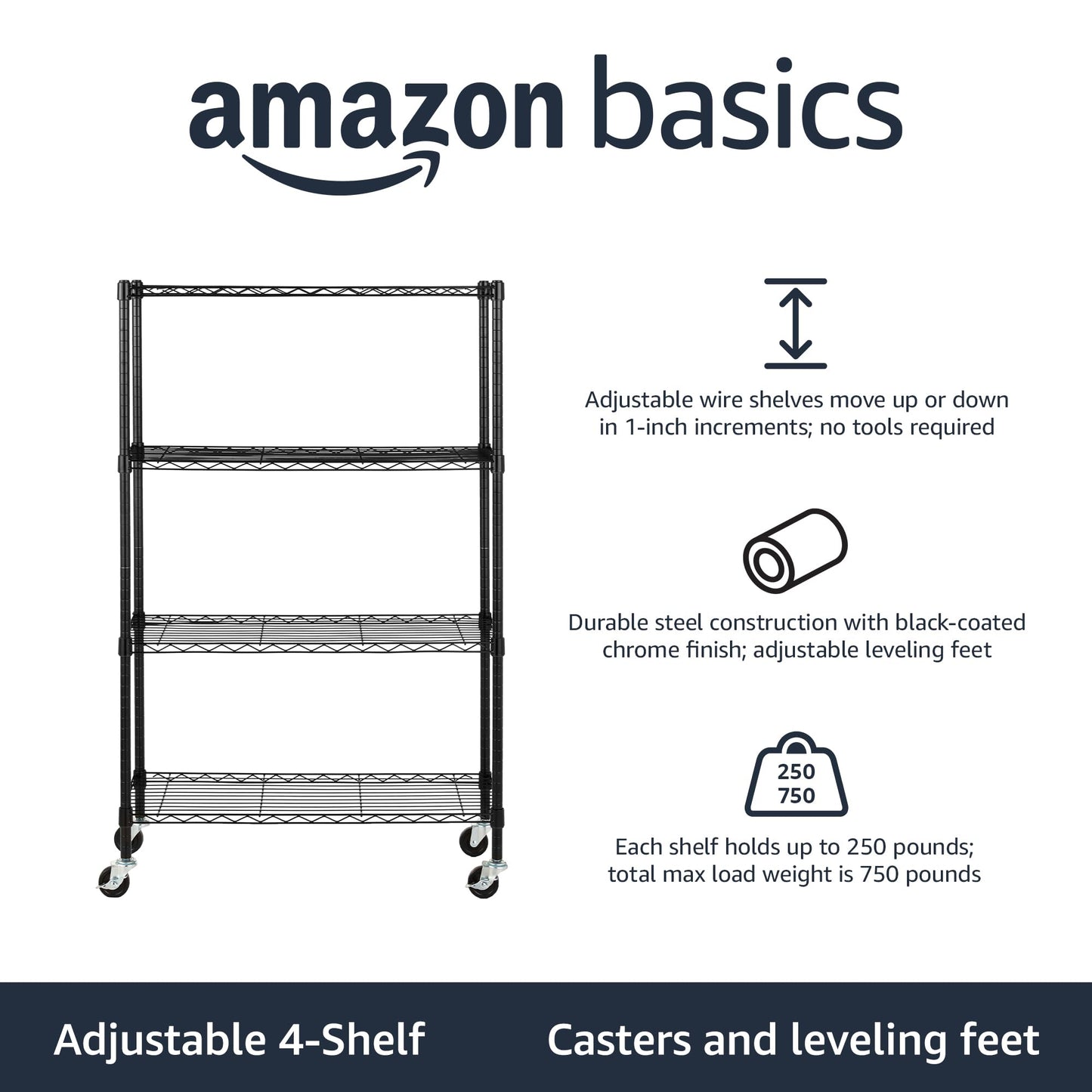 Amazon Basics 4-Shelf Heavy Duty Garage Shelving Storage Unit on 3" Wheel Casters, Adjustable Metal Wire Rack with Leveling Feet, 36" x 14" x 57.75", Black
