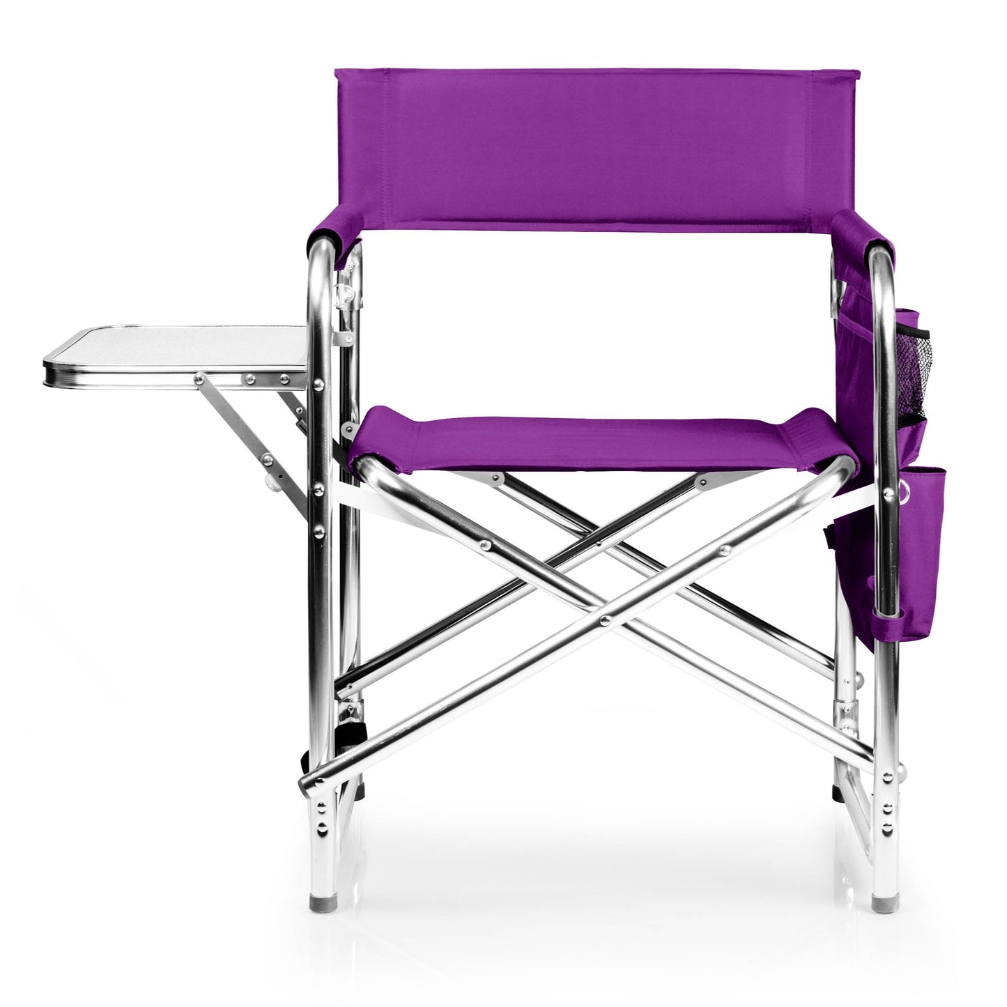 PICNIC TIME Sports Chair with Side Table and Armrest Caddy, Lightweight Aluminum Folding Outdoor Camping Chair for Adults, Portable Director Style Lawn Seating with Pockets & Carry Strap, (Purple)