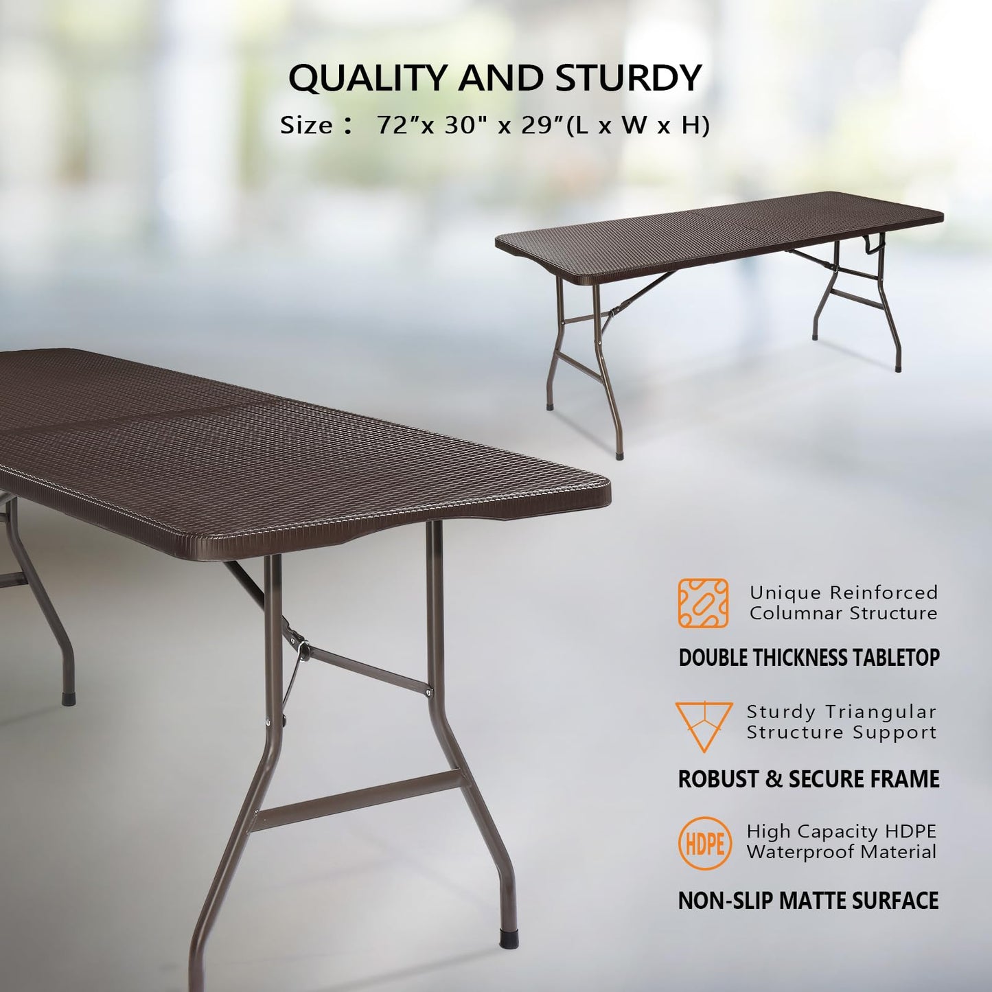 VINGLI 6 Foot Plastic Folding Table Portable Long Table for Indoor Outdoor Use Rectangular with Carrying Handle,Rattan Patterned HDPE Tabletop, Brown