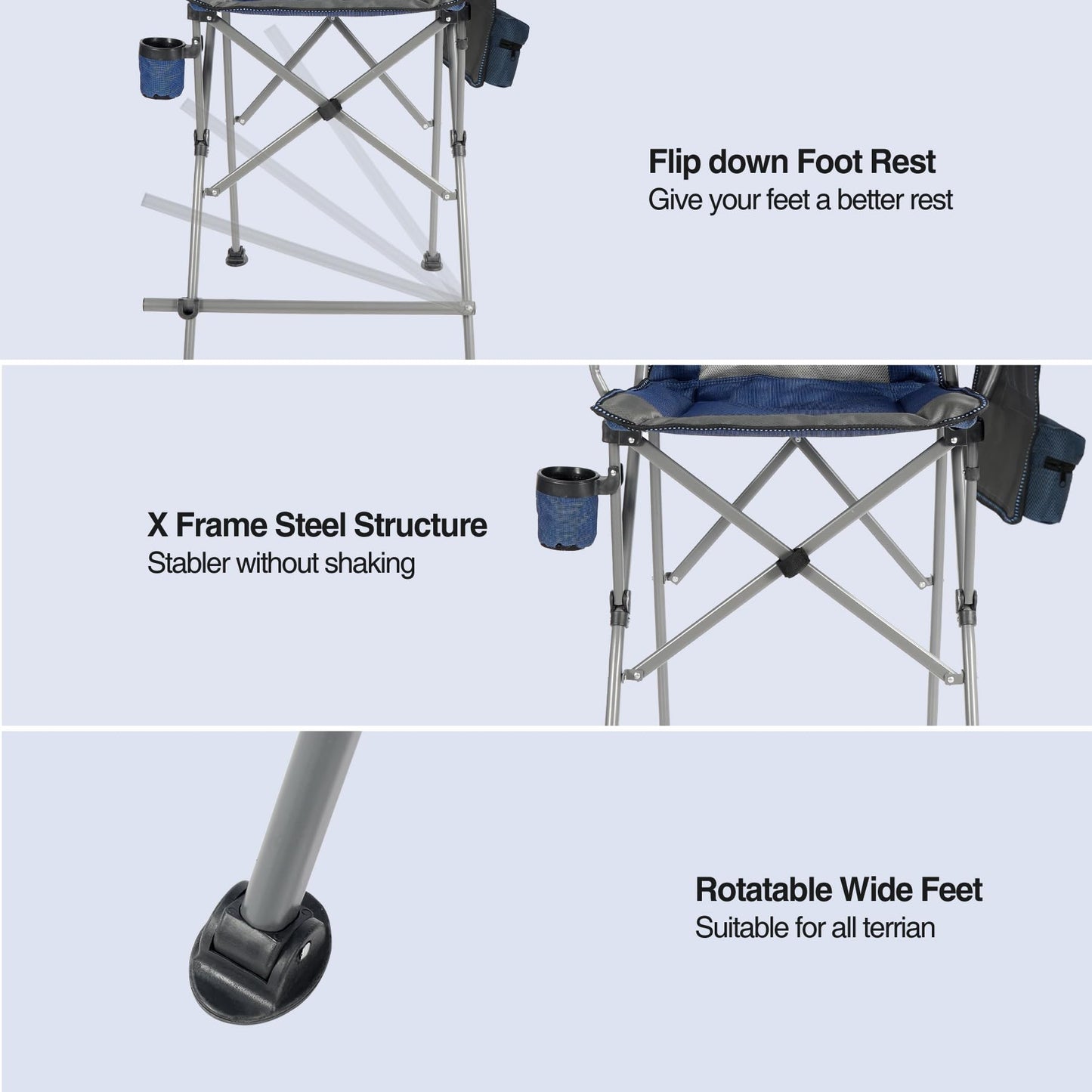 Stonehomy Extra Tall Folding Chairs with Canopy Shade for Adults, Portable Height Foldable Director Chairs with Umbrella for Concerts Sports Events Camping Outside with High Back and Footrest, Blue