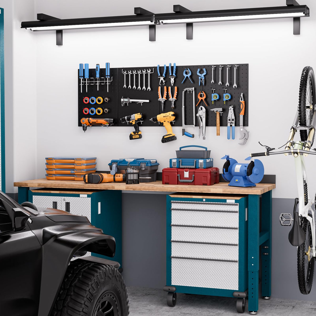 INCLY 70PCS Pegboard Wall Organizer, 4PCS Metal Peg Board Panels with 66PCS 1/4" Pegboard Hooks Accessories Kit, Black Peg Board for Walls Home, Garage Tool Storage, Workbench Organization