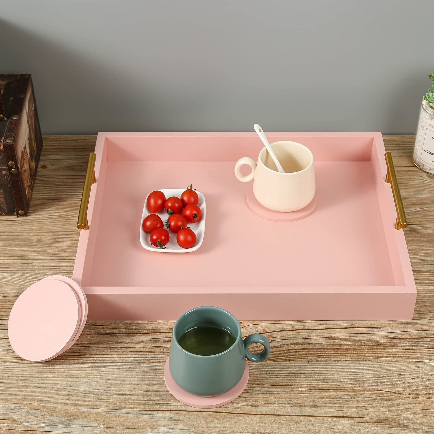 Juleduo Serving Tray 16.5“X 13“ Deluxe Wooden Ottoman Tray, Food Tray for Eating, Dinner Trays for Eating on Couch Coffee Table with Polished Gold Metal Handles-4 Round Coasters Included（Pink）
