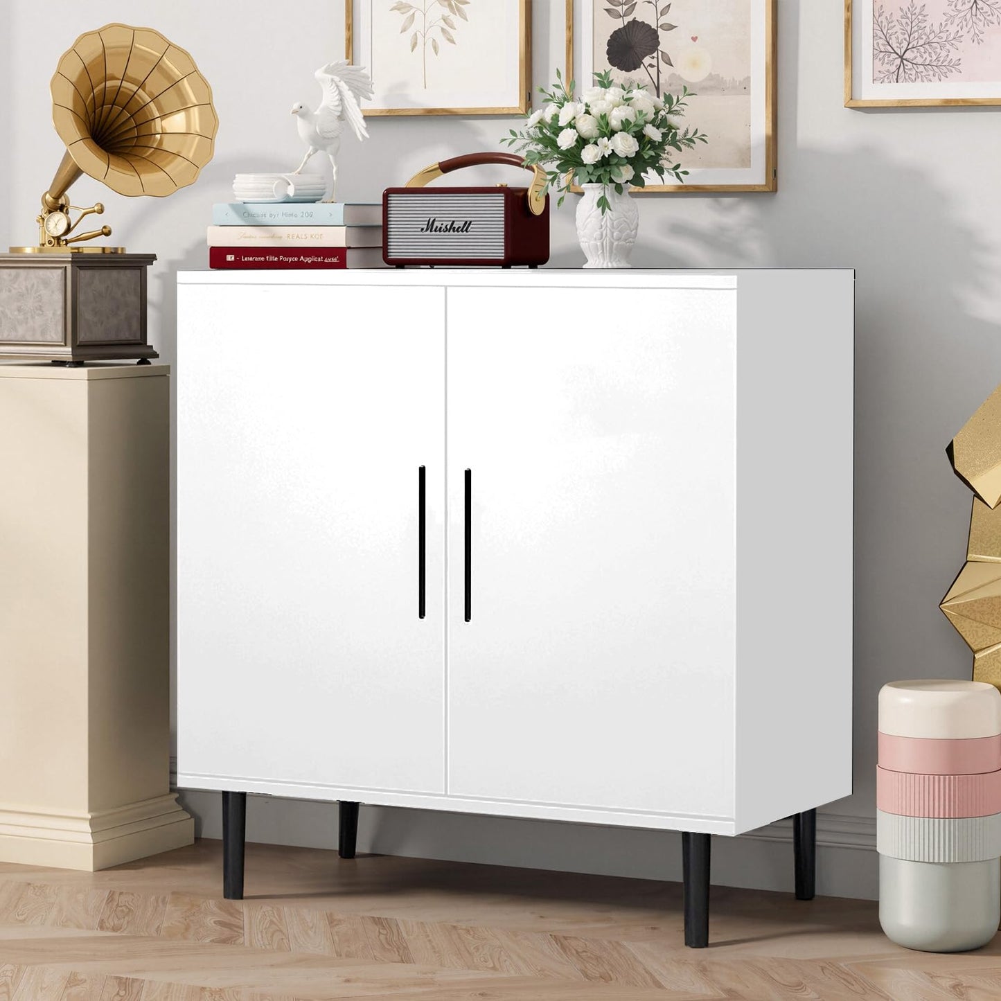 LUCKLIFE White Kitchen Sideboard Buffet Cabinet with Doors, Modern Coffee Bar Cabinet for Dining Room & Living Room, White, 1 Pack