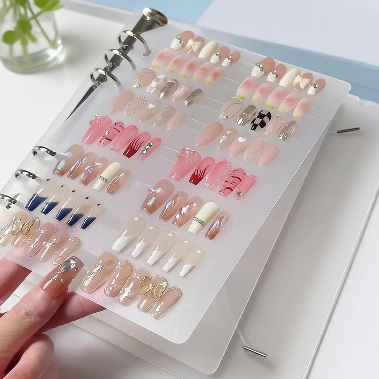 Press on Nail Storage and Display Book Press on Nails Storage Box Organizer with 6 Insert Adhesive Double Sided Pages A5 Size Reusable Nail Display Binder Books Organizer Nail Salon Supplies